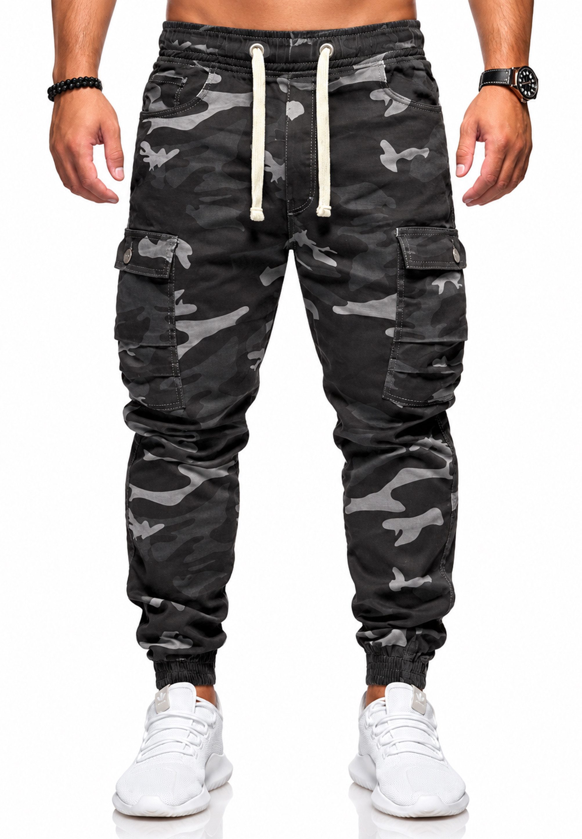 behype Cargohose als Stoffhose mit Stretch Chino Cargo Hose mit Tarnmuster für Herren