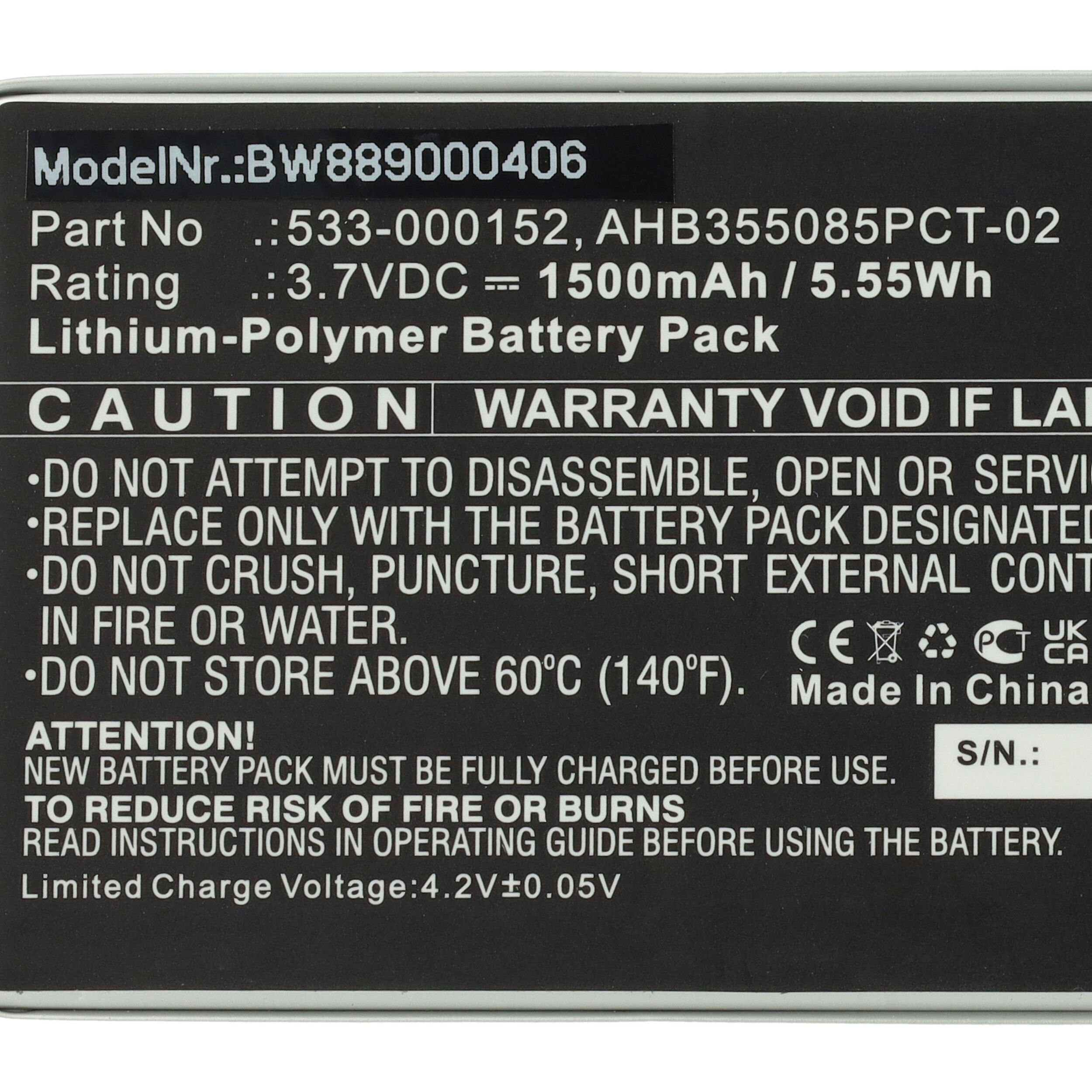 Logitech AHB355085PCT-02, vhbw für mAh 1500 Ersatz Akku 2012 L/N: 533-000152, 533-000204,