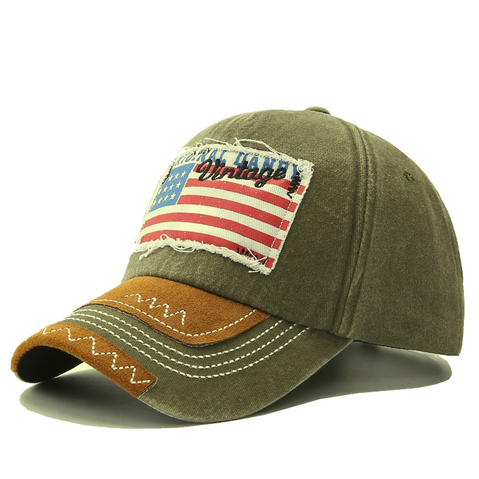 Sporty Baseball Cap U.S.A. Flag Fahne Vintage USA Basic Retro Amerika Baseballcap mit Belüftungslöchern army green