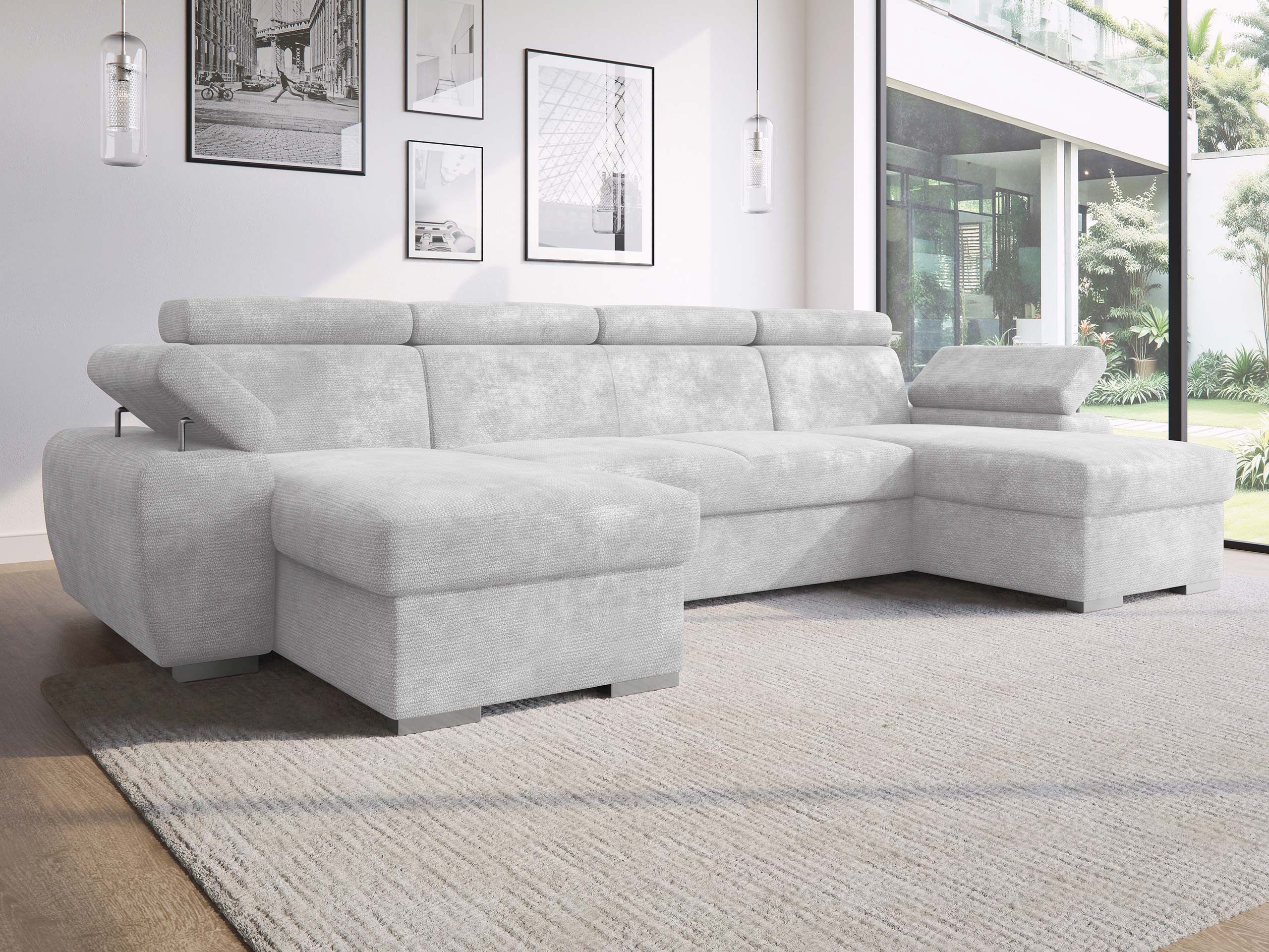 MIRJAN24 Wohnlandschaft Plaza U, mit zwei Bettkästen und Schlaffunktion, 323x170x85-98 cm, Regulierbare Kopfstützen und Armlehne