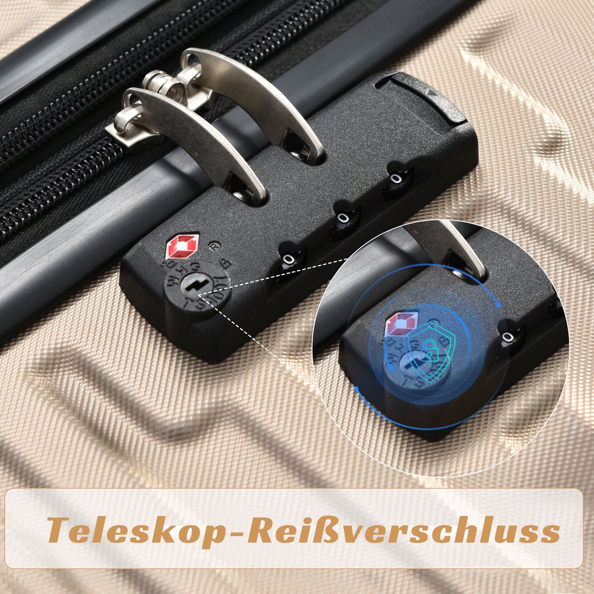 Merax Hartschalen-Trolley aus Check-in Gepäck, ABS mit Hartschalenkoffer, und TSA-Zahlenschloss 4 Reisekoffer, M Gold Doppelrollen
