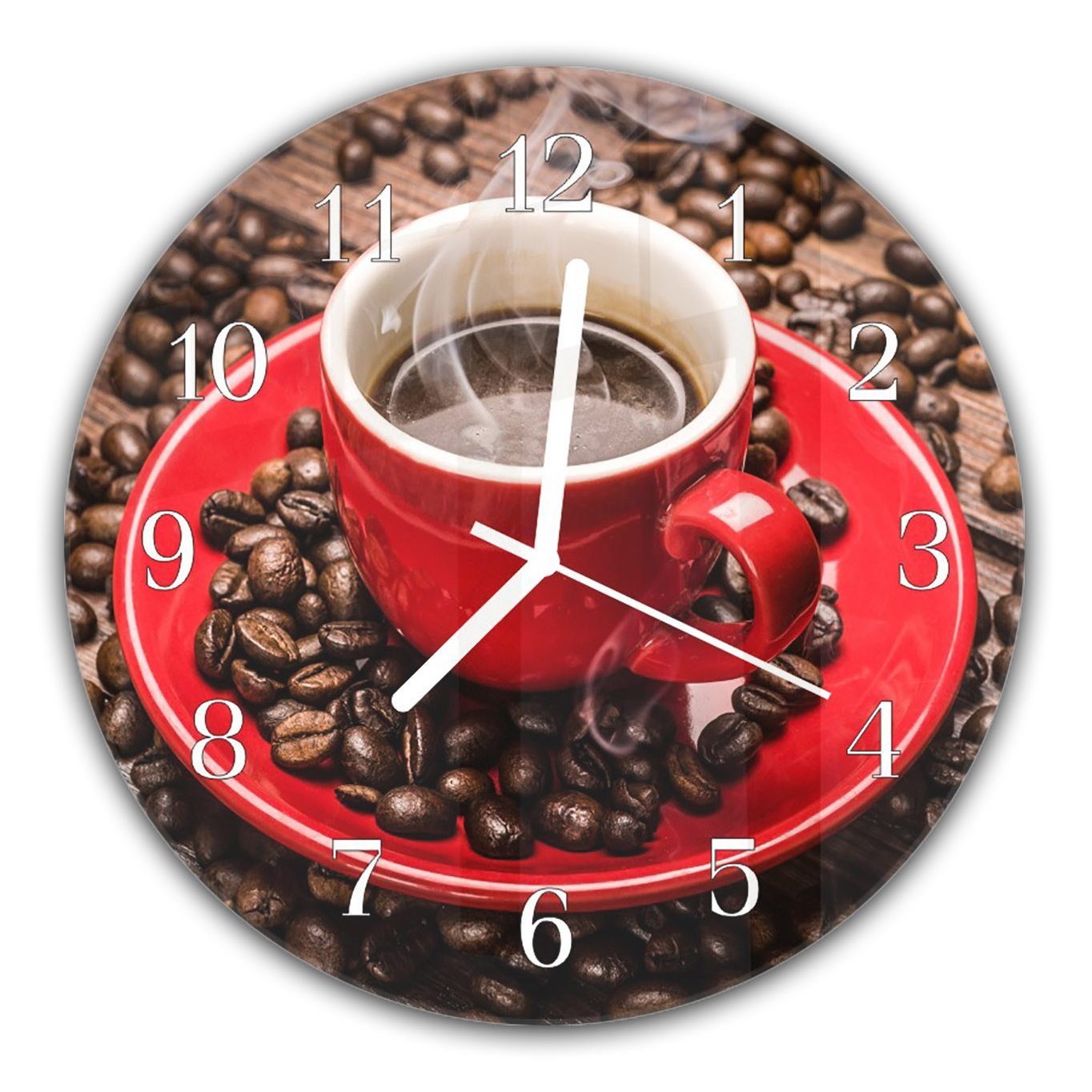 Primedeco Wanduhr Wanduhr aus Glas mit Motiv Kaffee in roter Tasse - Rund mit Durchmesser 30 cm und Quarzuhrwerk
