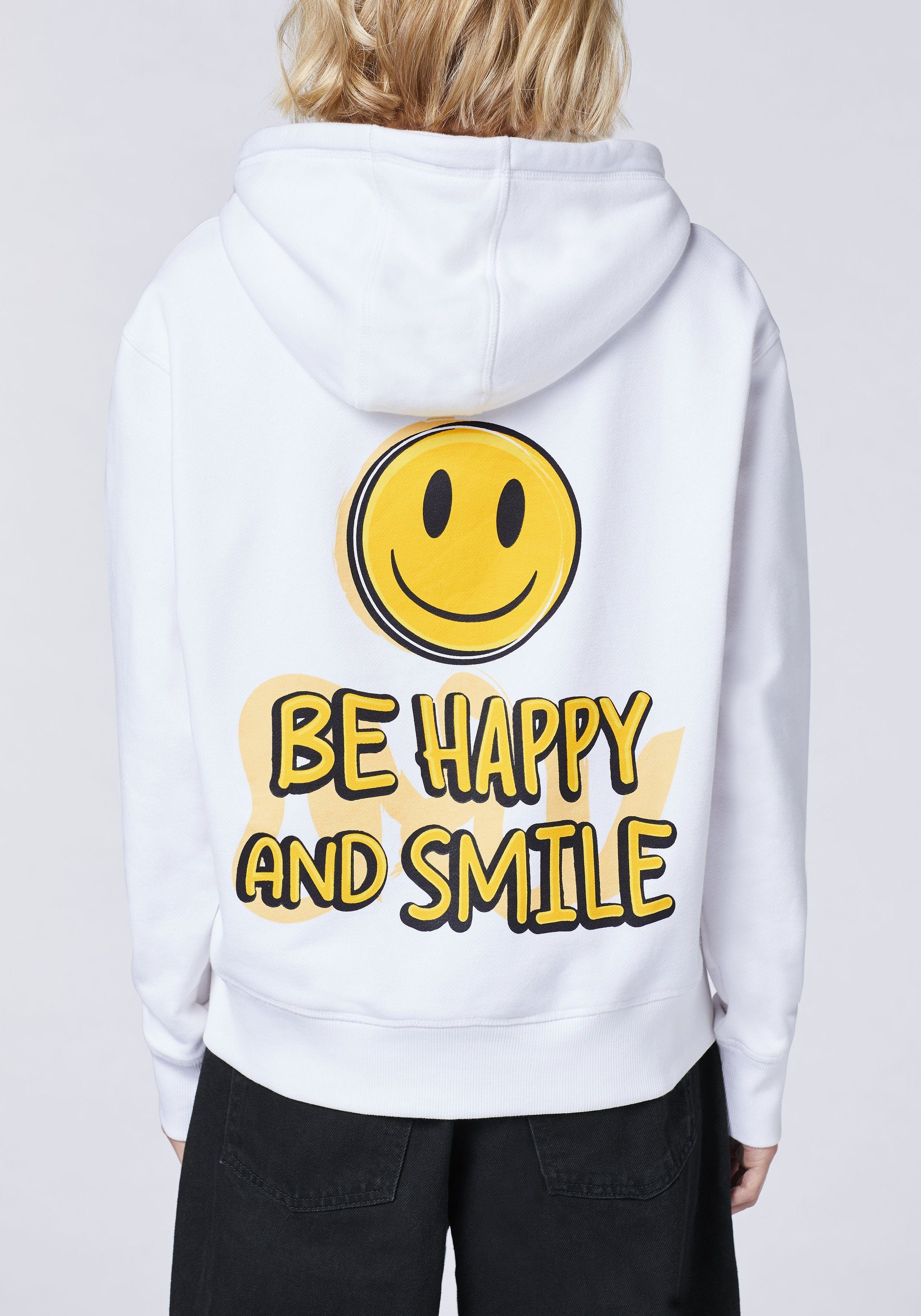 Schriftzug Kapuzensweatshirt Emoji mit Grinsegesicht-Motiv und