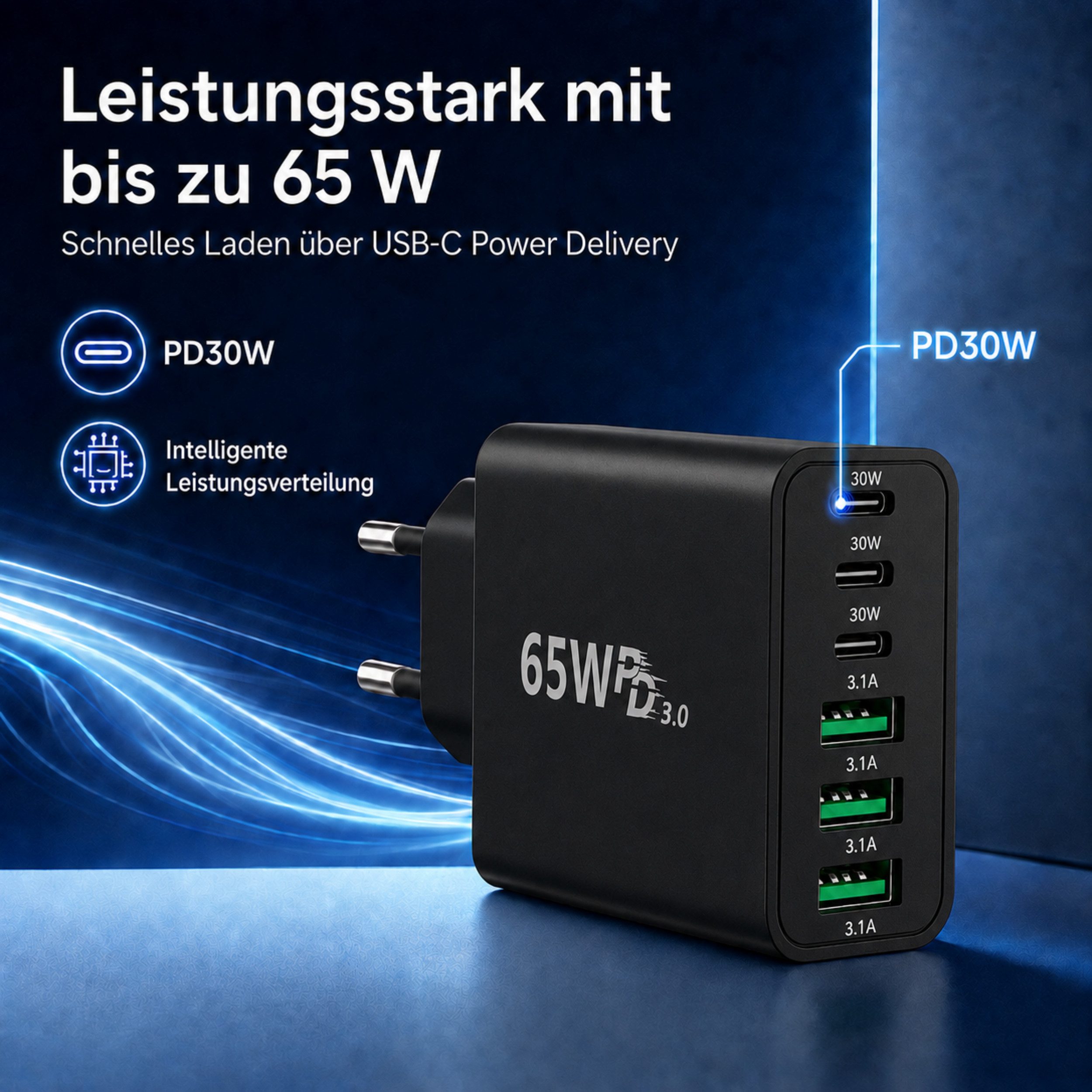 PlugUp 65W Ladegerät 6-Port 30W Schnellladeadapter mit USB-C Ladekabel USB-Ladegerät (3100 mA, Set, Inkl. USB-C Ladekabel, Universelles Schnellladegerät mit USB – Bild 3 von 5