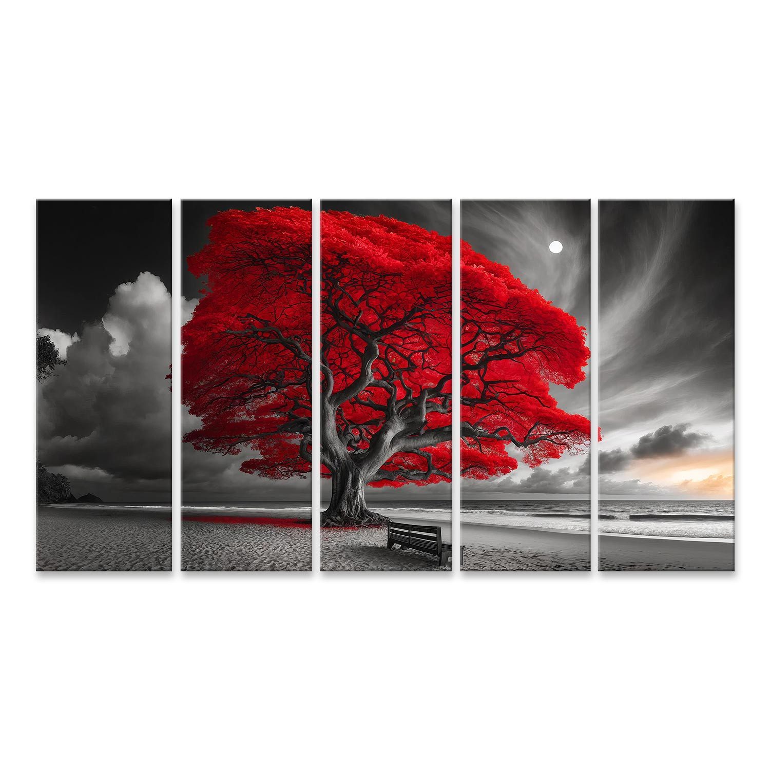 islandburner Leinwandbild Leuchtend roter Baum am Strand bei Mondlicht in Schwarzweiß