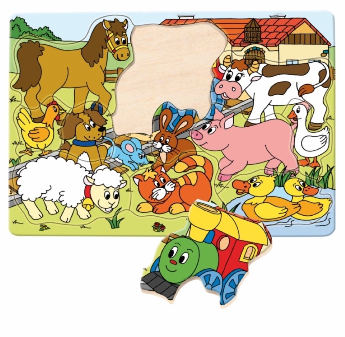 Woodyland Lernspielzeug 93008 Holz Puzzle - 12 bunte Puzzleteile zum Thema "Tiere und Lok"
