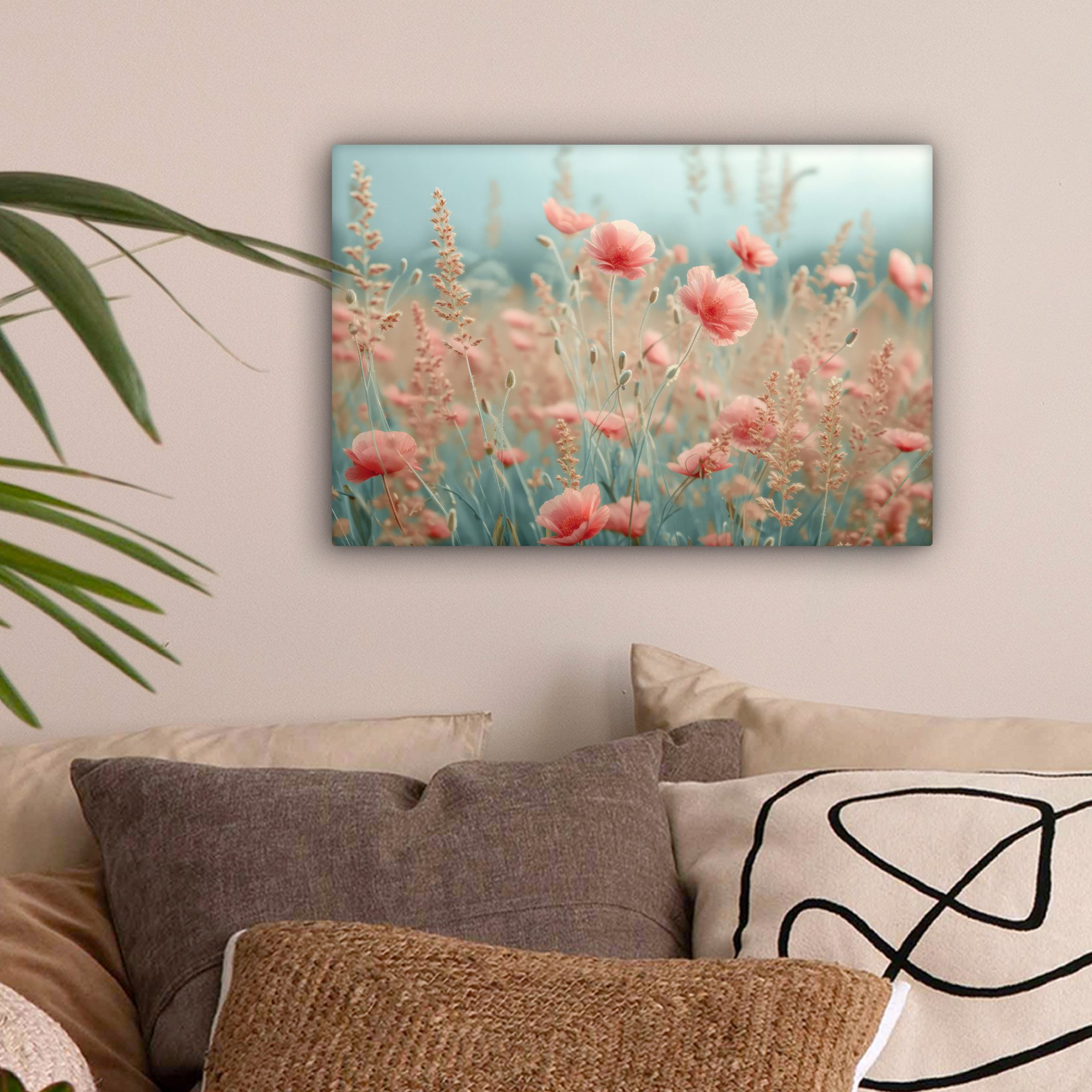 OneMillionCanvasses® Leinwandbild Blumen - Natur - Mohnblumen - Blumenfeld, Fotodruck (1 St), Leinwand Bilder Klein, Wand Dekoration Aesthetic 30x20 cm