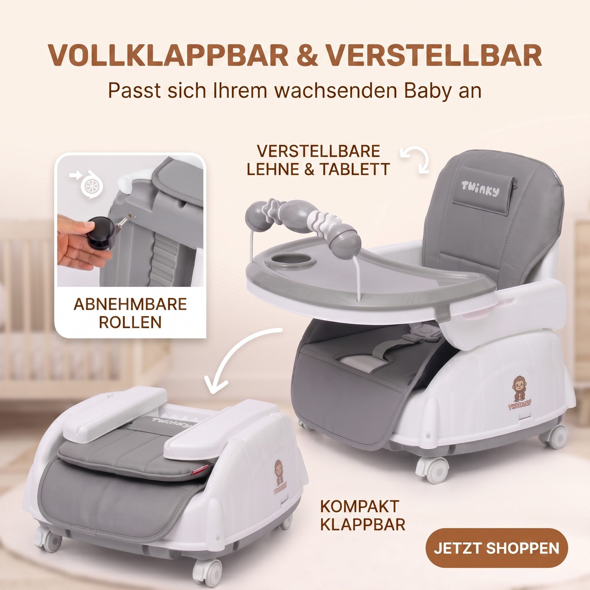 TWINKY Kinderklappstuhl Kinder-Esstuhl, 2 in 1 Hochstuhl baby, Kinderklappstuhl, 3 in 1 – Bild 4 von 5