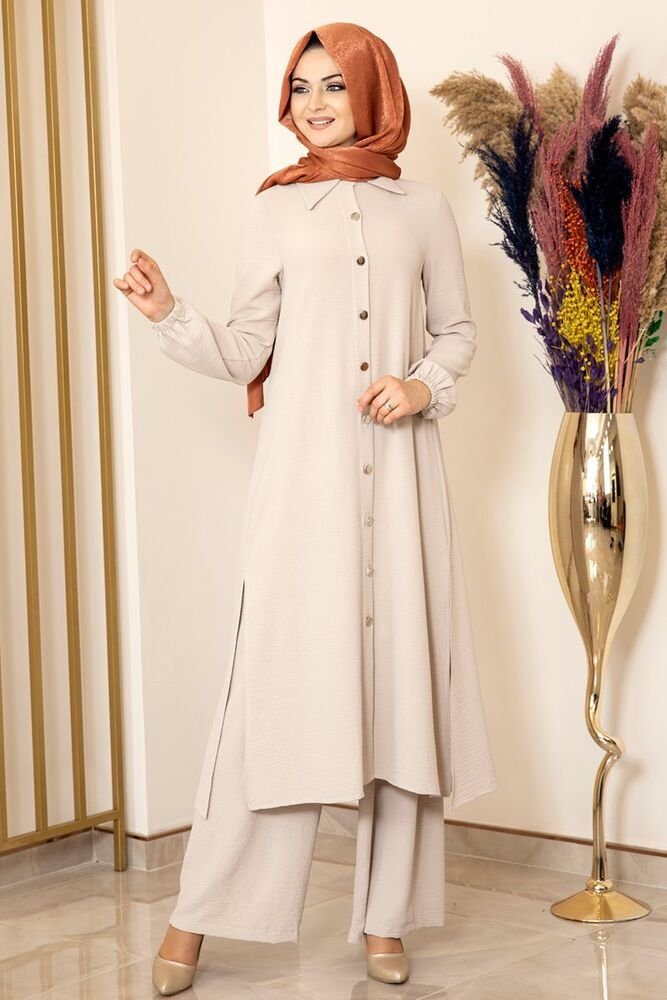 Hijab Longtunika Zweiteiler Knöpfe, Hose Stoff Creme-Weiß Damen mit Lange Tunika Kleidung Aerobin Modavitrini Anzug