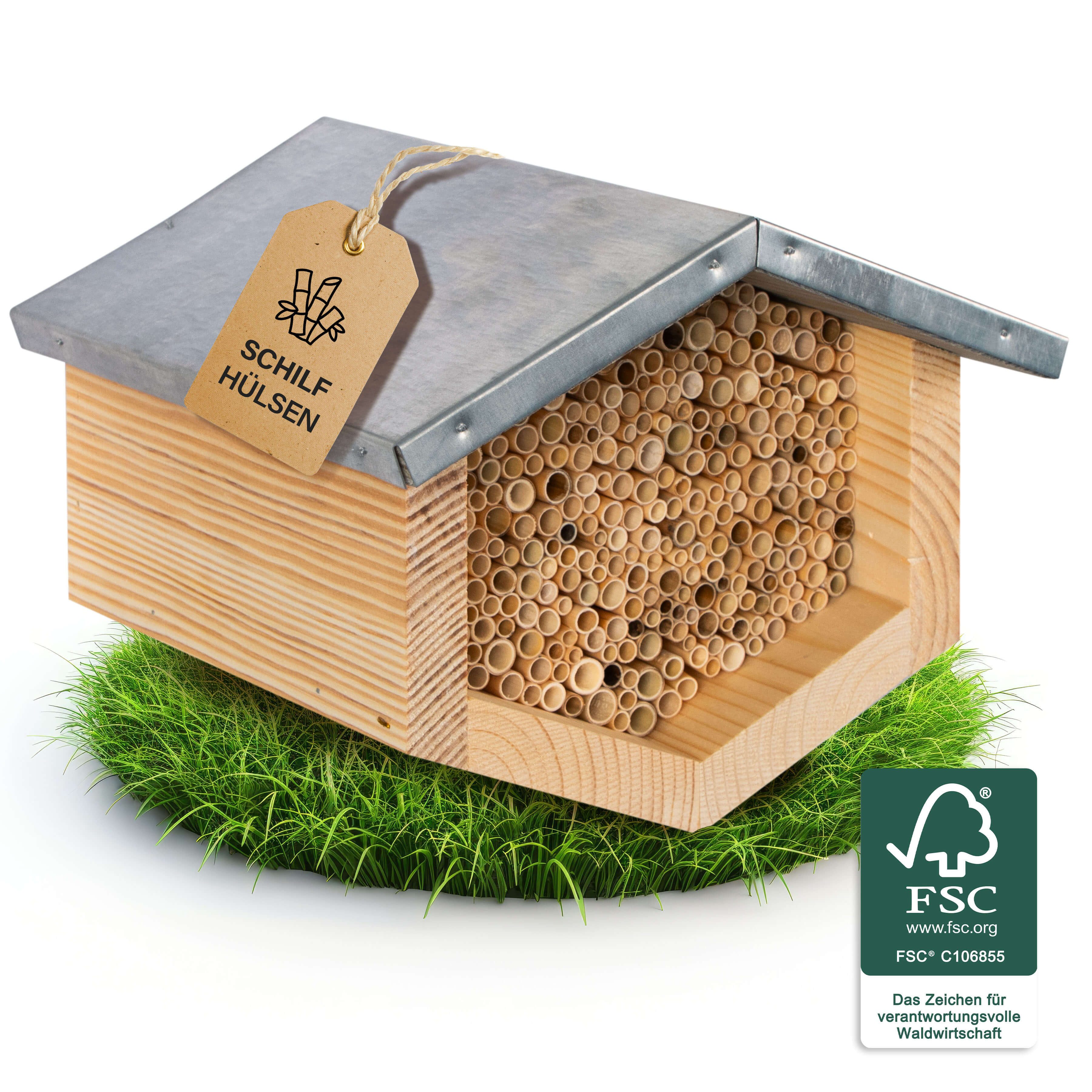 BEESI Insektenhotel Bienenhotel mit wetterfestem Holzdach, Schilf Nisthülsen, (1-St), 20,5T x 21,5B x 17H cm