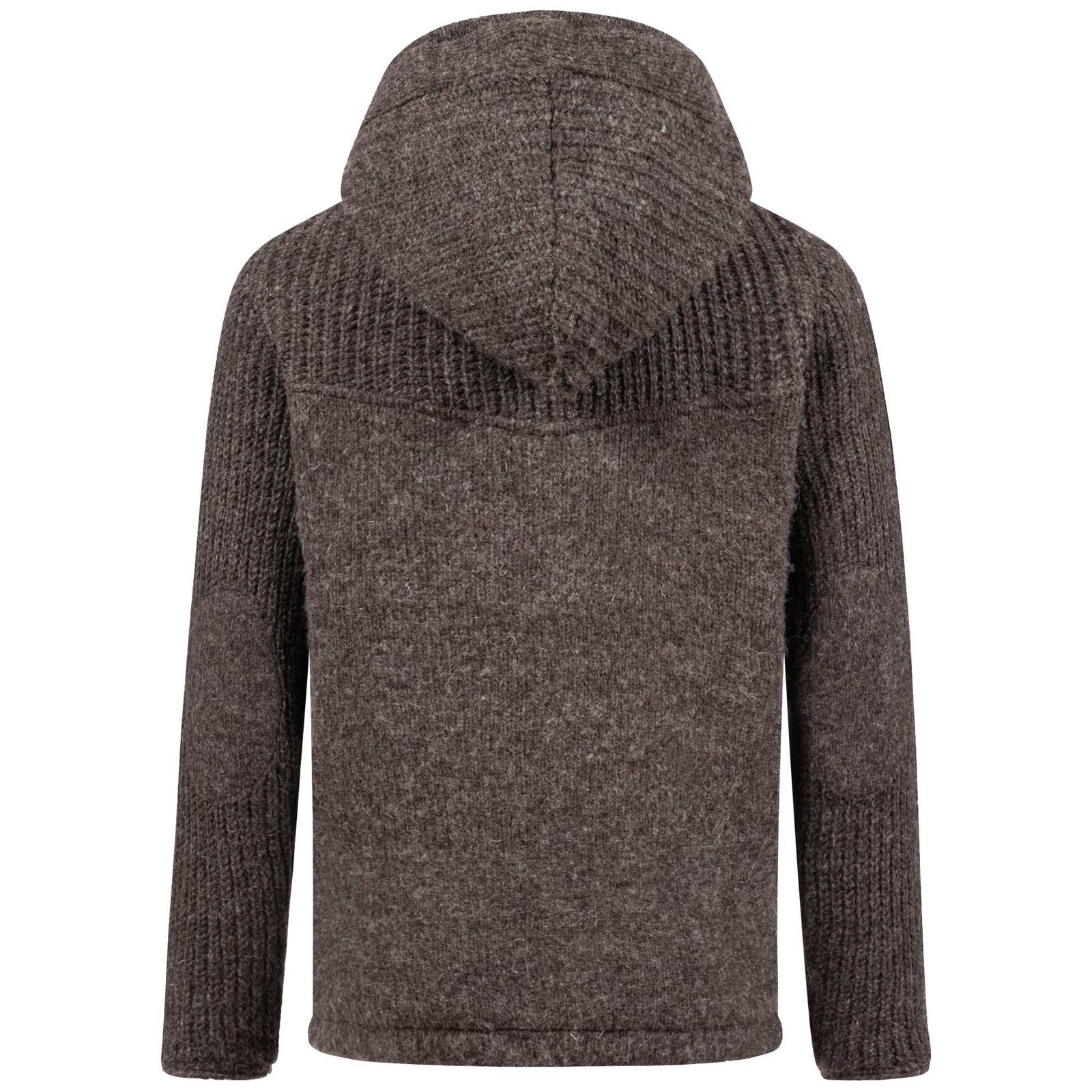 KUNST UND MAGIE Strickjacke Strickjacke Schurwolle Klassich Nordisch Wolle +Kapuze Kragen Braun