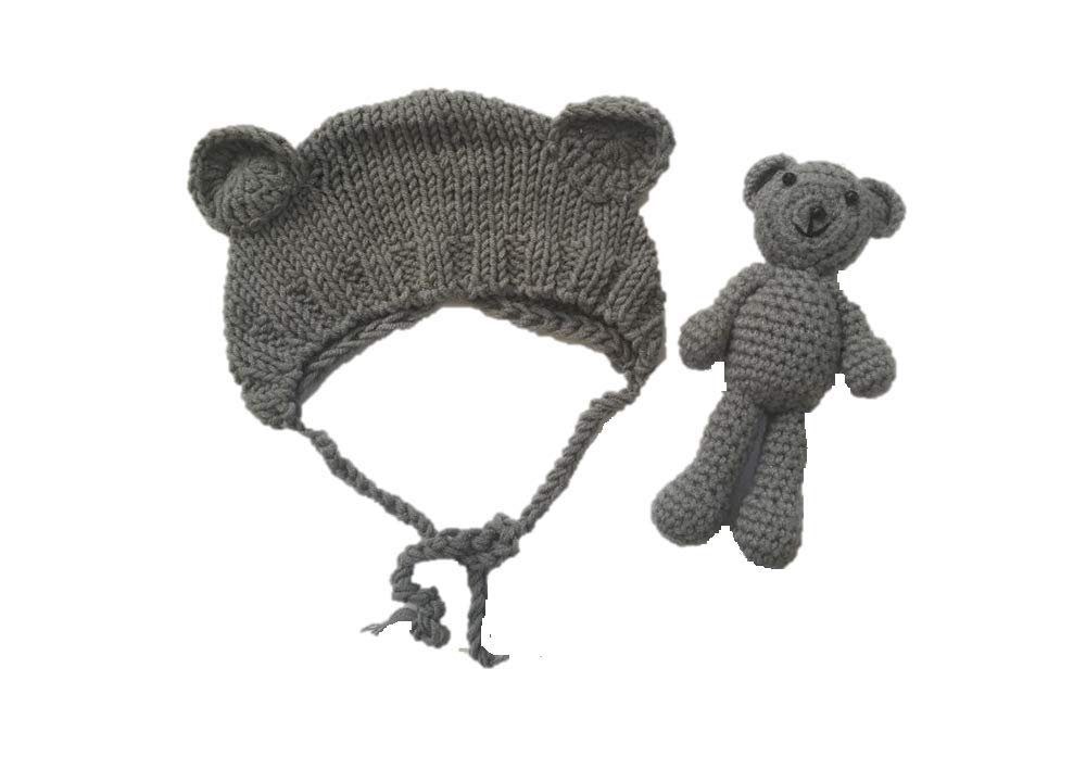 Matissa & Dad Neugeborenen-Geschenkset Matissa Bär Hut und Puppe Fotoshooting Strick für Neugeborenen Grau