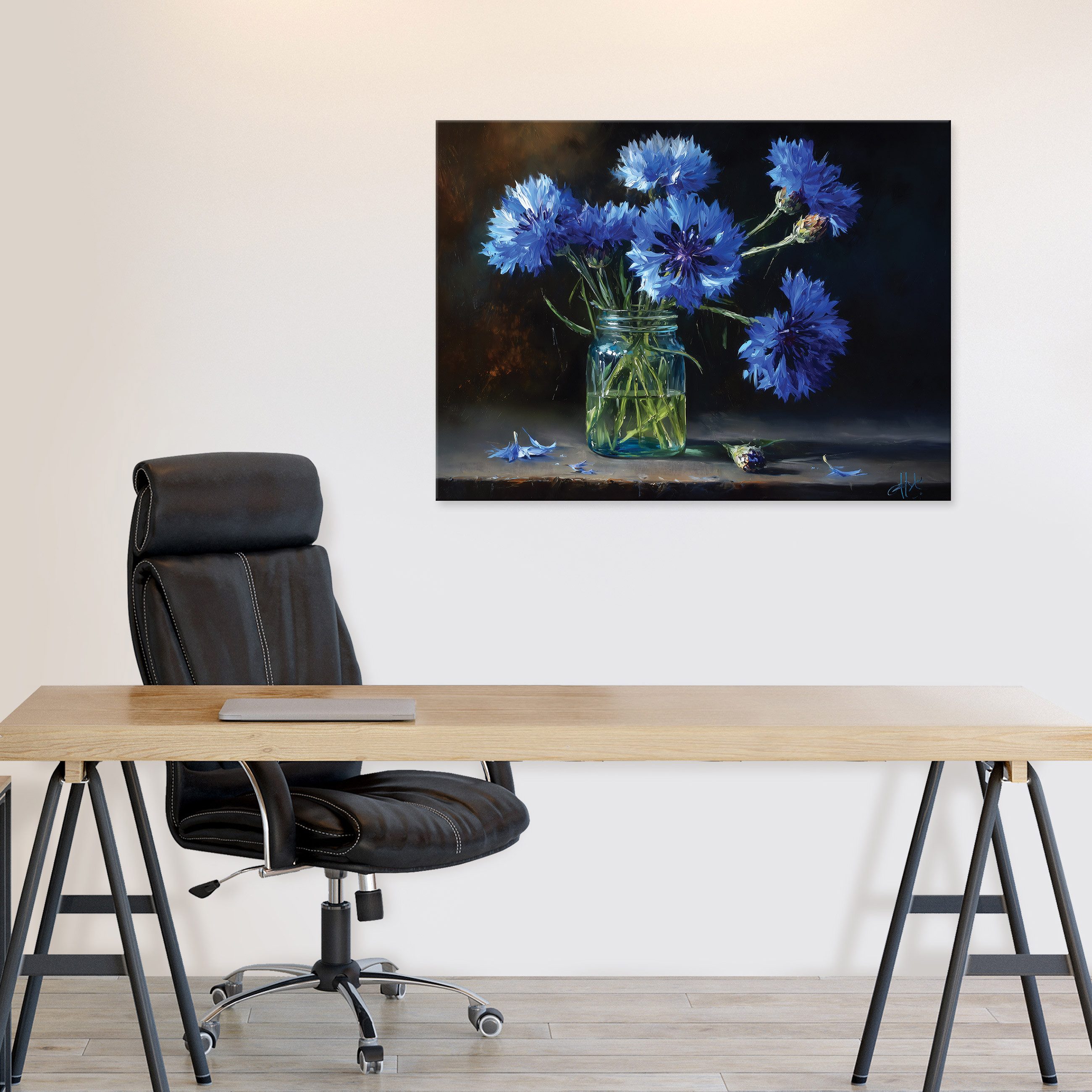 Wallarena Leinwandbild Blumen in der Vase Vintage - Blau - Klassisch - Wohnzimmer, Blumen, 40x30x2cm