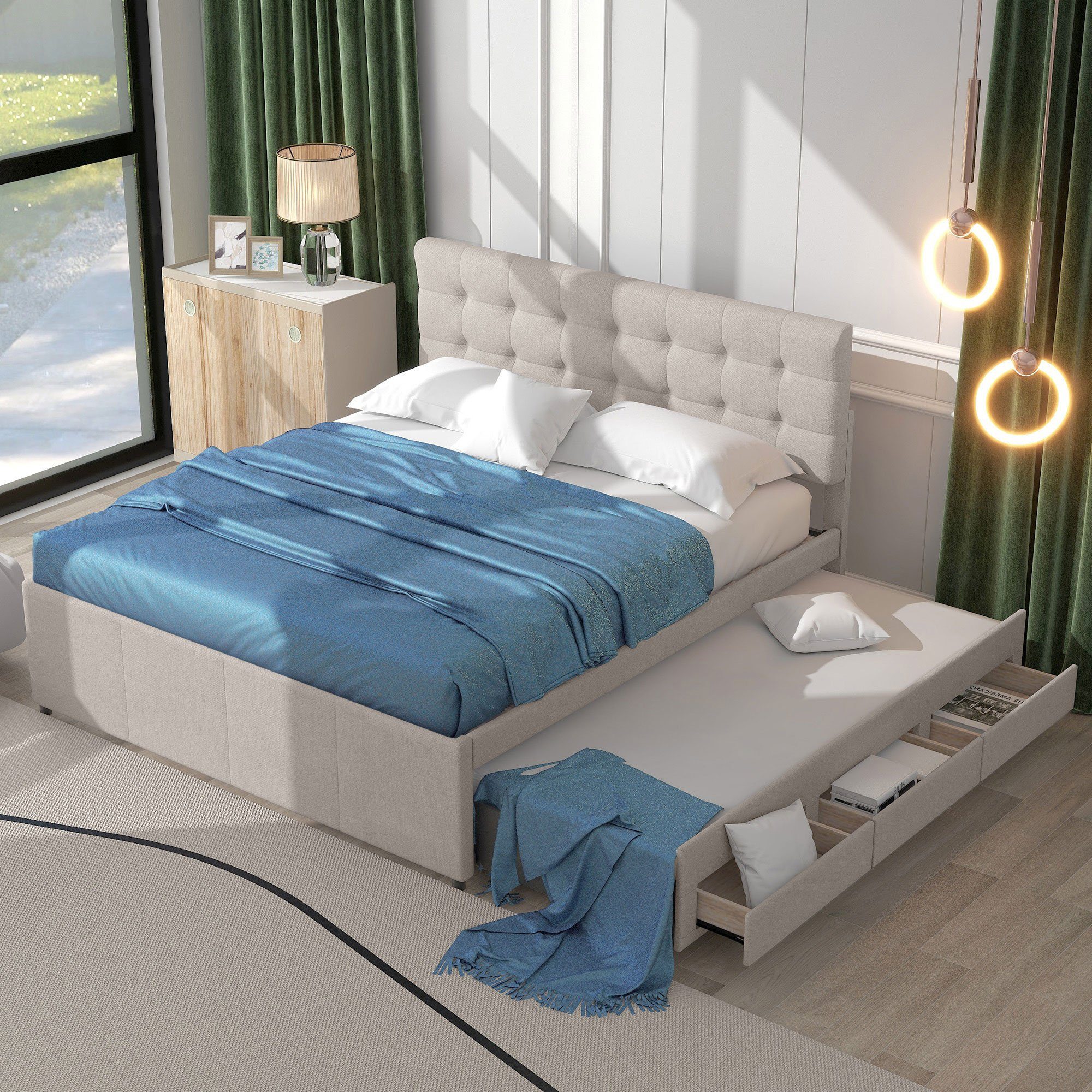 Ulife Polsterbett Doppelbett ausziehbares Bett Familienbett, Verstellbares Kopfteil, mit drei Schubladen, 140x200cm Beige