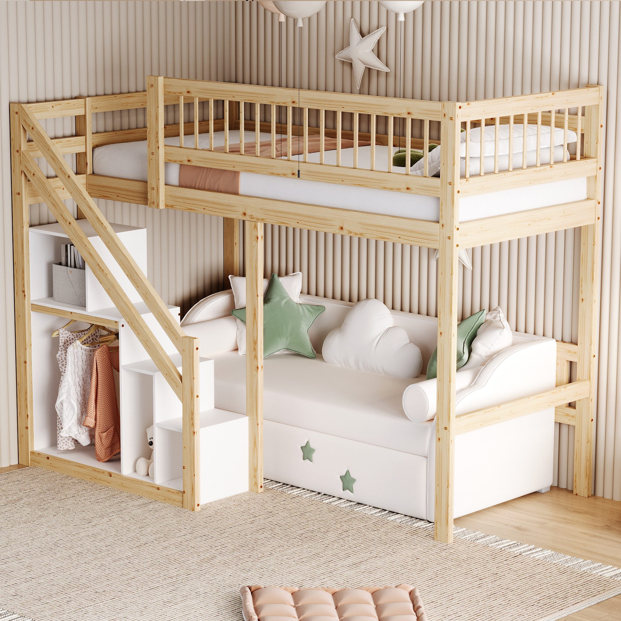 Flieks Hochbett Massivholz Einzelbett Kinderbett 90x200cm mit Stauraumtrepp günstig online kaufen
