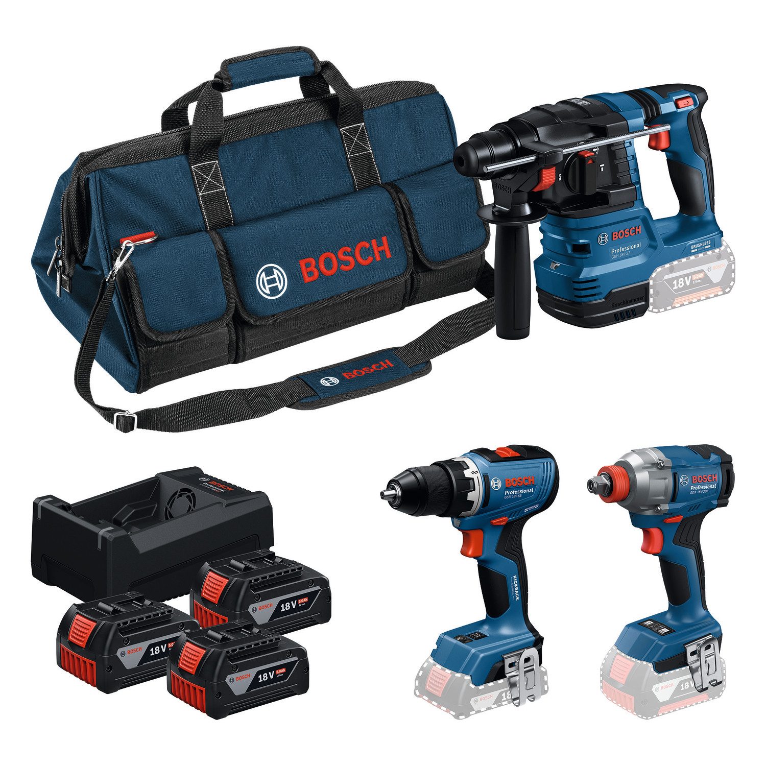 Bosch Professional Akku-Bohrschrauber Combo Kit 18V Profi-Set, inkl. Drehschlagschrauber, Bohrhammer, 3 Akkus, Lagegerät und Tasche