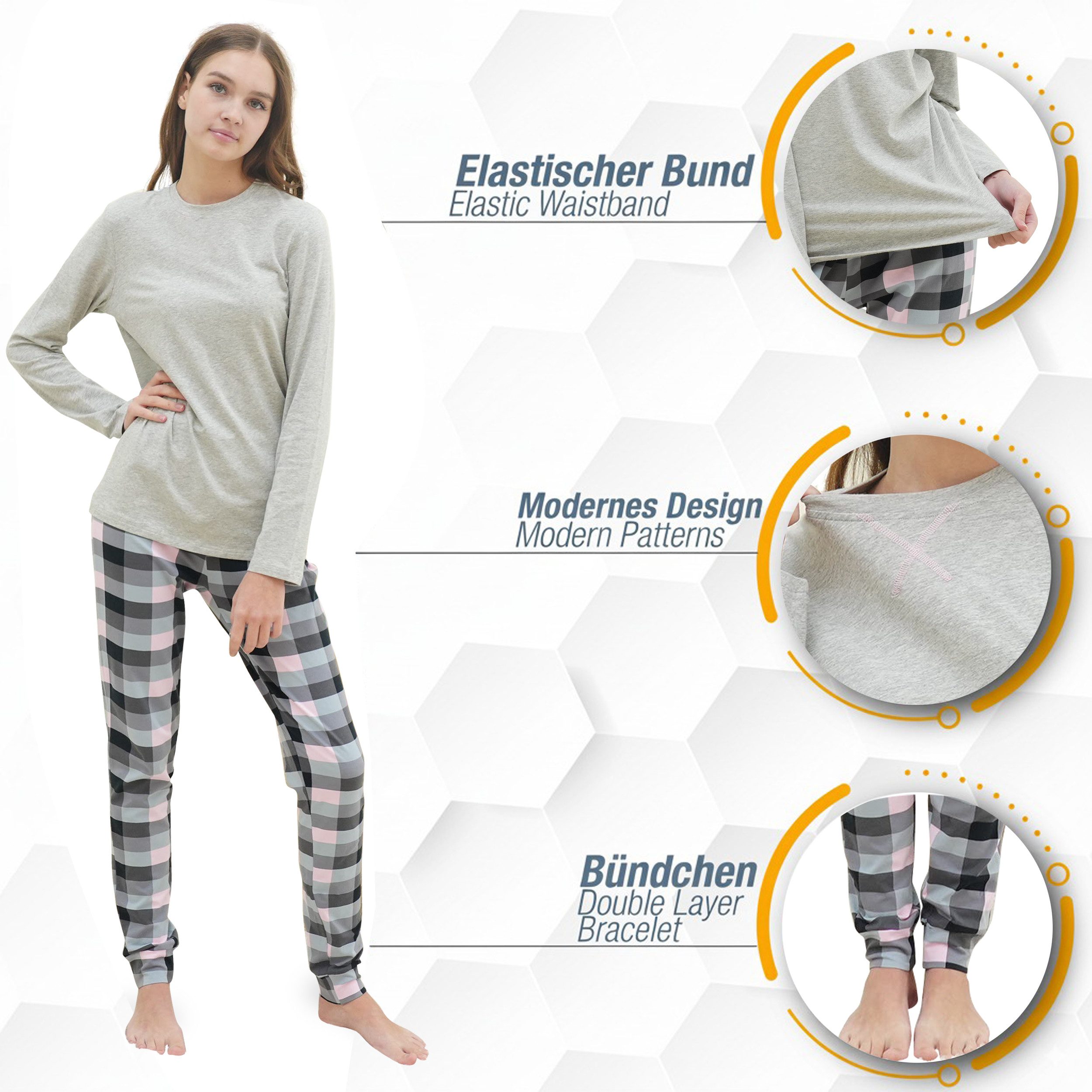 LOREZA Pyjama Mädchen Schlafanzug zweiteilig Set Langarm - Basic Kariert (Set, 2 tlg) – Bild 4 von 5