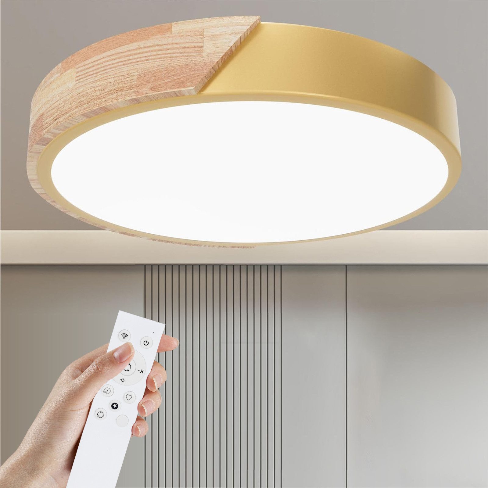 POPOLIC LED Deckenleuchte 24-W-moderne Leuchte, Deckenleuchte Holz, dimmbare Decke 3000k-6000k