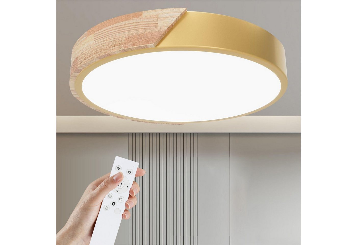 POPOLIC LED Deckenleuchte 24-W-moderne Leuchte, Deckenleuchte Holz, dimmbare Decke 3000k-6000k