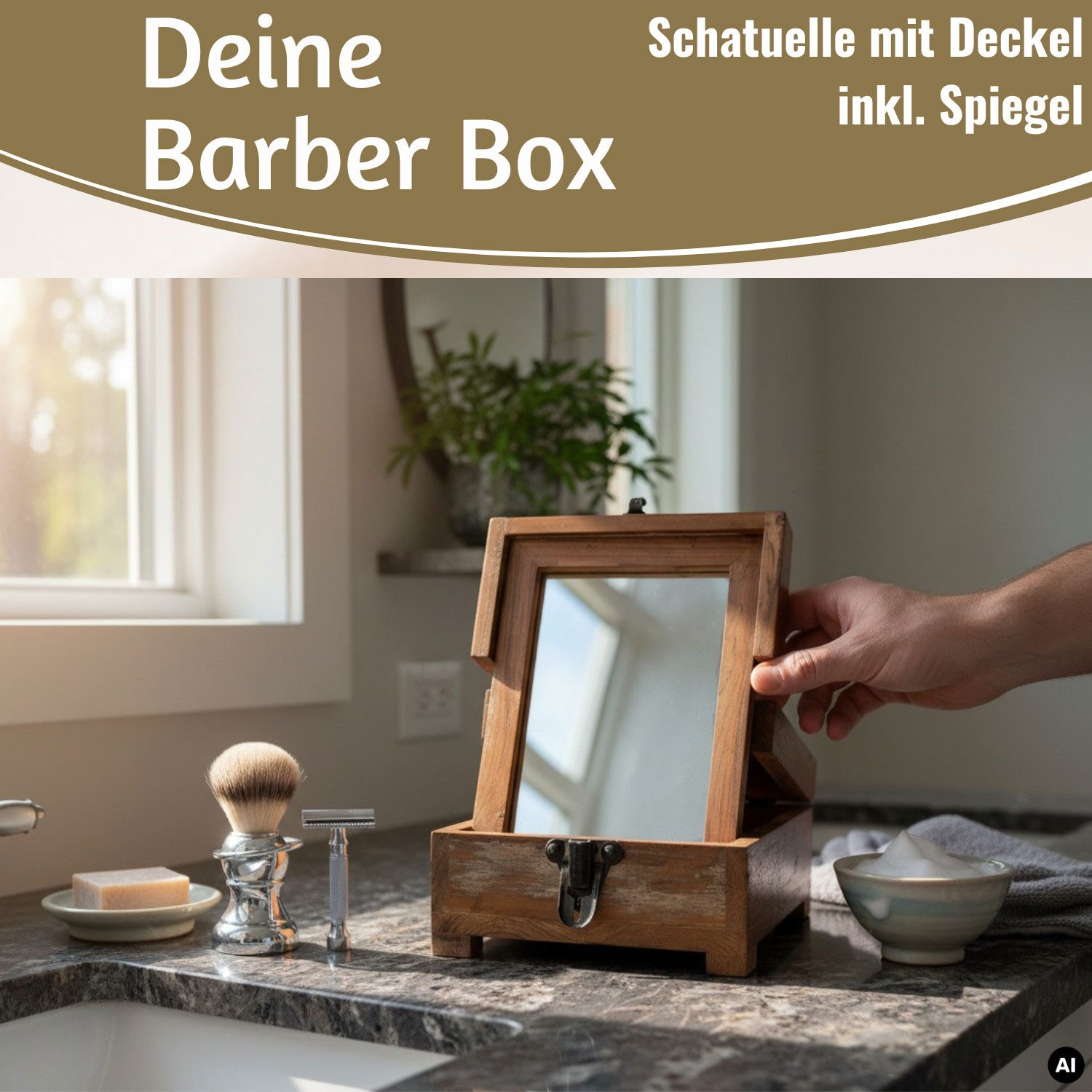 LS-LebenStil Schmuckkasten Barber Utensilienbox Teak Holz 22x13cm Rasierbox Schmuckschatulle (Vintage Rasierbox mit Spiegel und Deckel und 3 Fächern, 1 St., ideal auch als Makeup Organizer, Aufbewahrungsbox Schmuckschatulle), Exklusive und universal einsetzbare Box