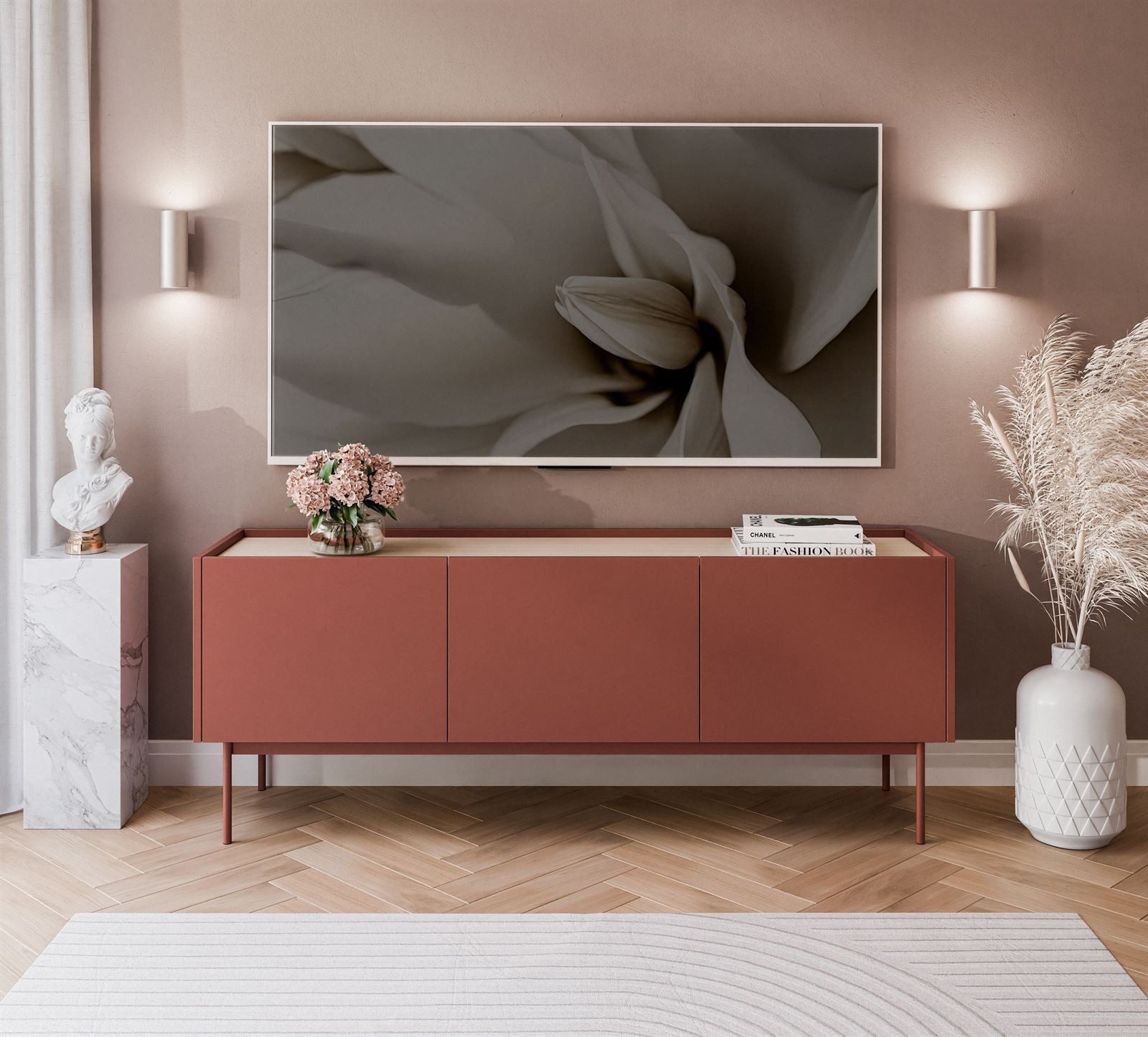 ALLHOUSE24 TV-Schrank LINEA Eiche 144 cm Breite TV Lowboard Metall Füße Unterschrank Breite 144 cm