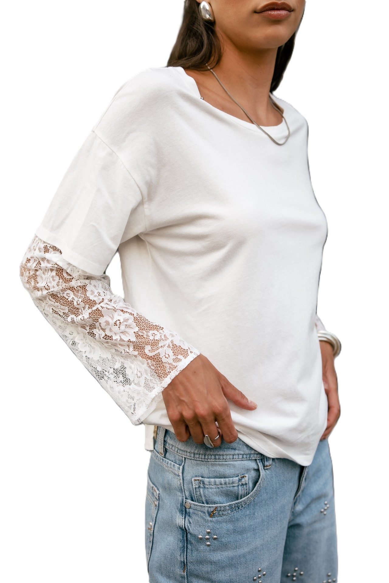 Freeman T. Porter Langarmshirt Teza Summer Lace Bluse - T-Shirt Damen - Oversize Shirt weiß