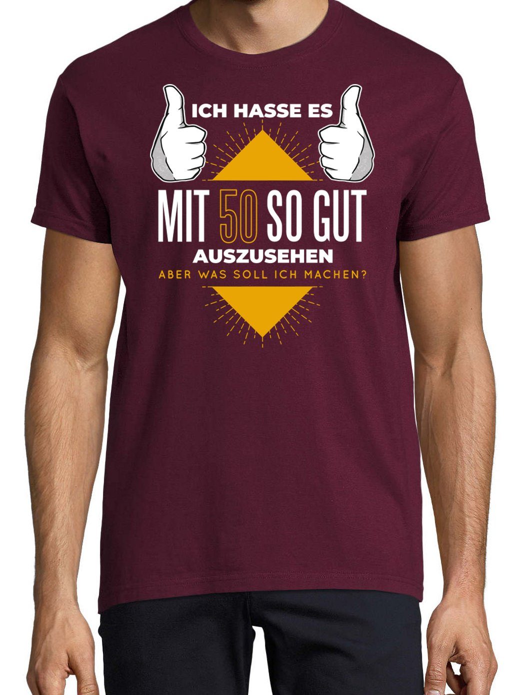 Gutaussehend mit Herren Burgund Frontprint Shirt lustigem Designz Spruch und T-Shirt 50 Youth