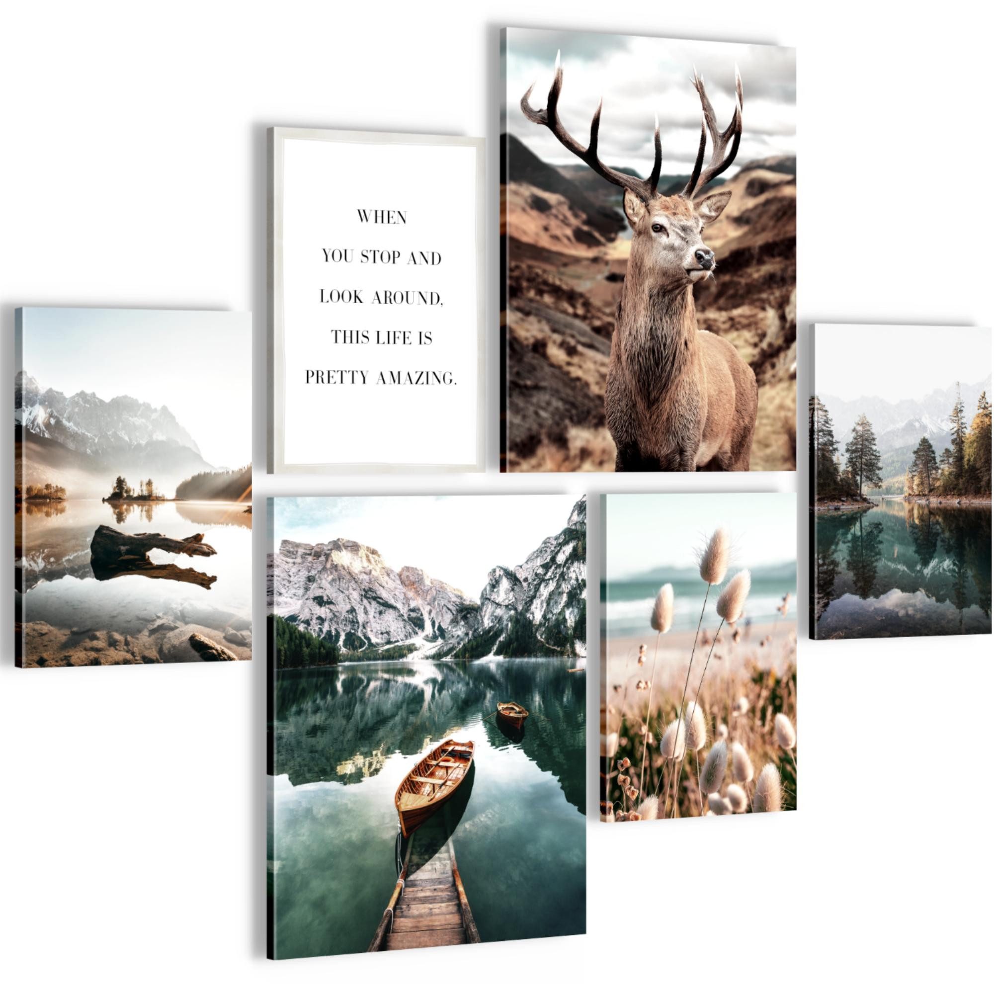 Novart Wandbild Wald Hirsch Natur Berge Bilderset Wohnzimmer Schlafzimmer Deko, (6 St)