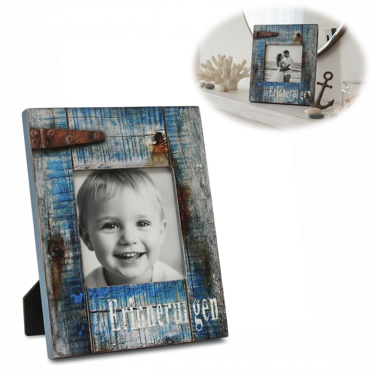 LS-LebenStil Bilderrahmen Maritim Holz 17x14cm Fotorahmen Erinnerungen Vintage Blau Aufsteller, für 1 Bilder (1 St), Fotorahmen Aufsteller, Portrait Quadratisch 9x9cm, Ideal für Hochzeitsfotos Babybilder Kinderfotos Tauffotos Portraits