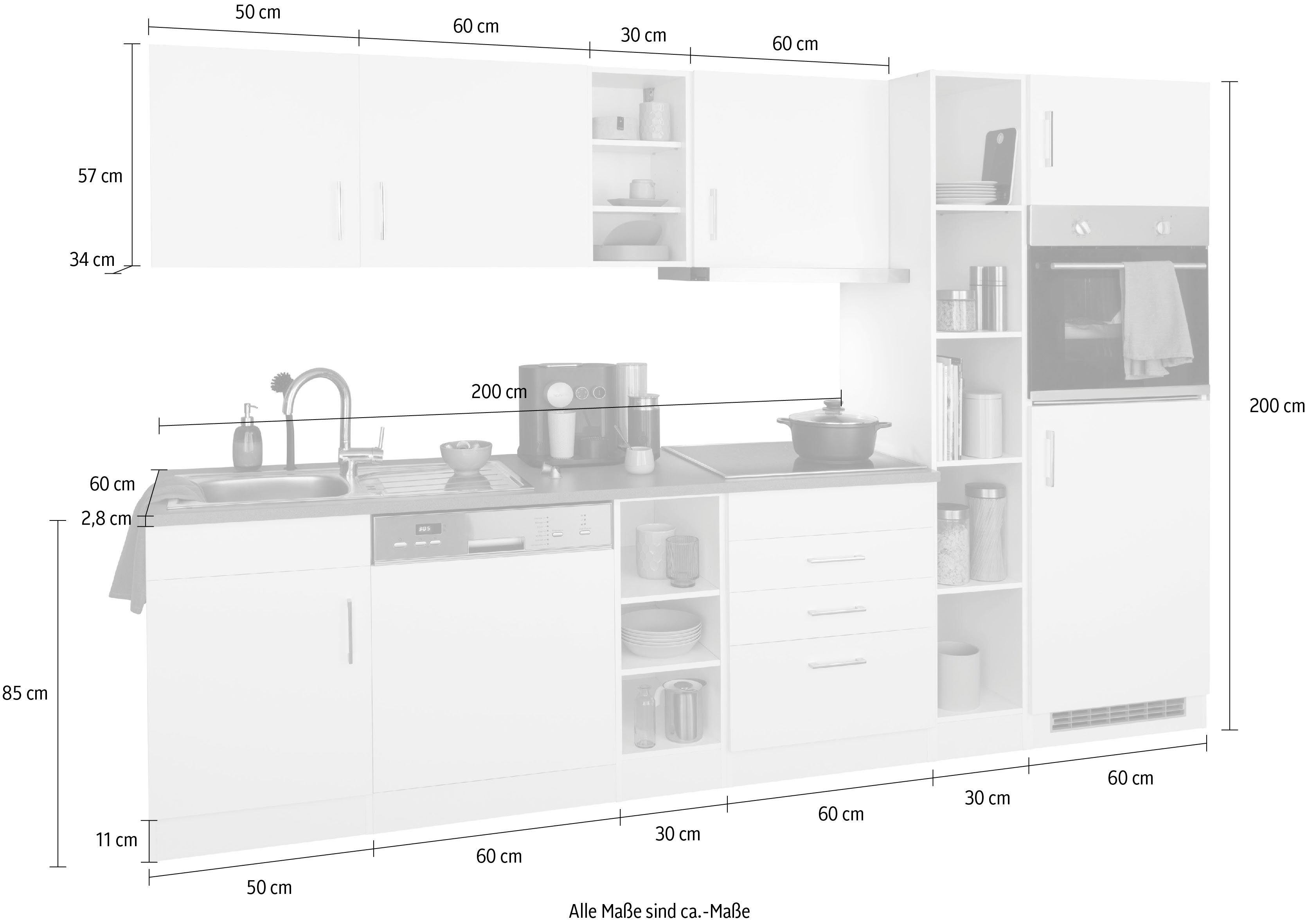 HELD MÖBEL Küchenzeile Paris, mit | weiß/grafit E-Geräten, cm, wahlweise Induktionskochfeld Breite grafit mit 290