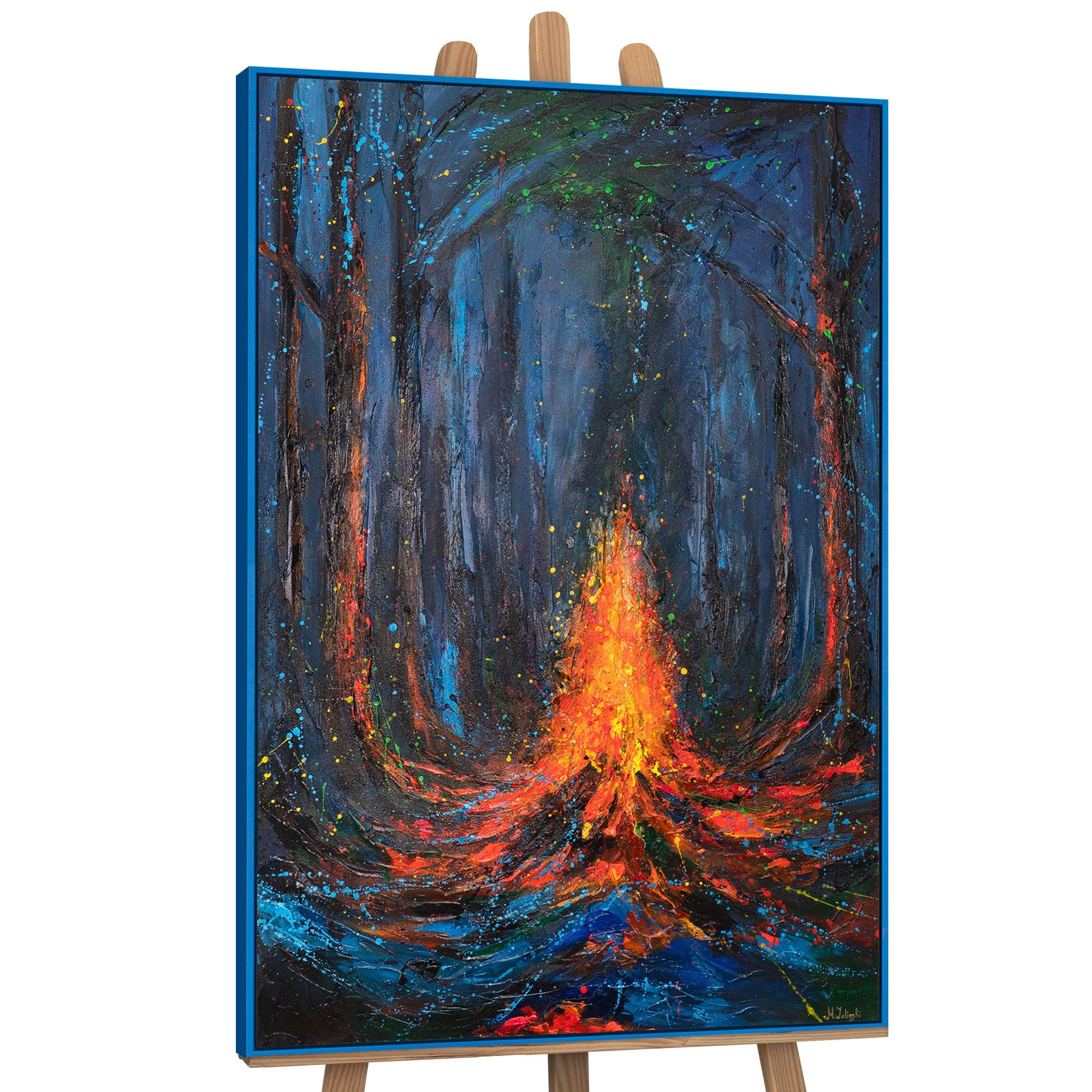 YS-Art Gemälde Schöner Wald, Waldglanz, Lied des Feuers, Stille, Schönheit, Herbst, Vertikales Leinwandbild im Hochformat mit einem Schattenfugenrahmen