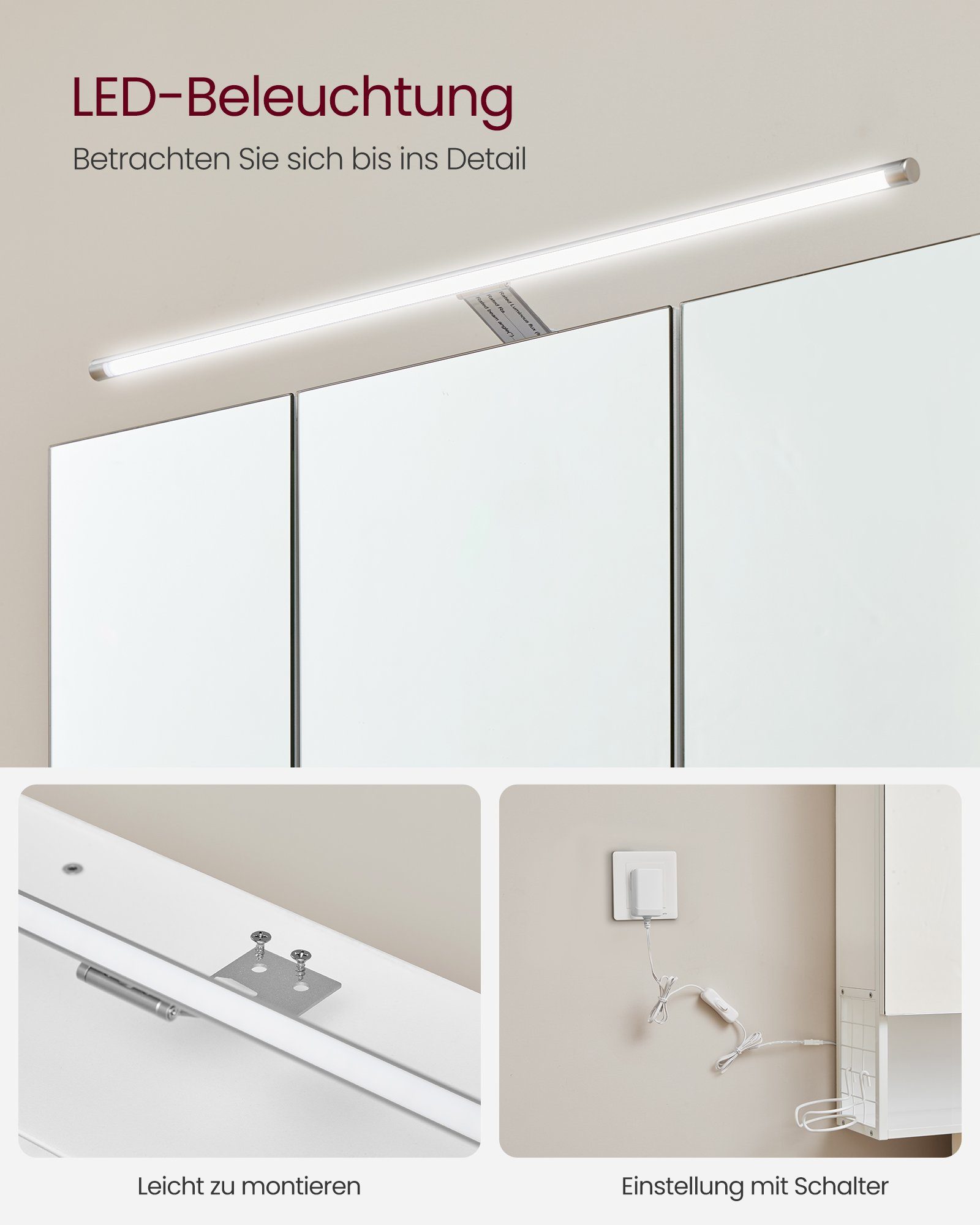 VASAGLE Spiegelschrank Badezimmerschrank, Badschrank, Wandschrank (mit LED-Beleuchtung) mit Stecker, Hängekorb, Haartrockner-Halter, wolkenweiß – Bild 4 von 5