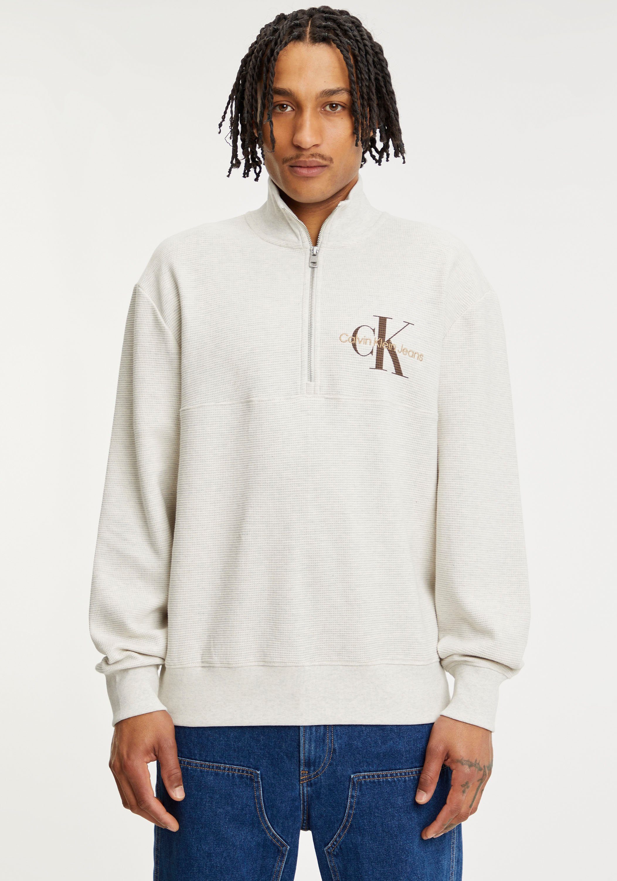 Calvin Klein Jeans Sweatshirt MONOLOGO WAFFLE HALF ZIP HWK mit Troyerkragen und halblangem Reißverschluss White Grey Heather