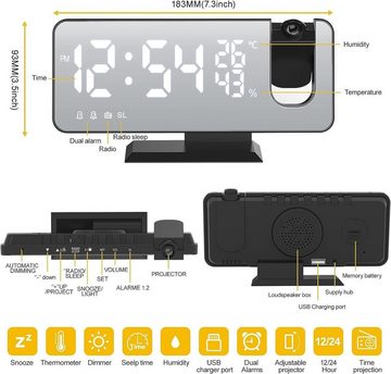 BUMHUM Projektionswecker Projektionswecker für Schlafzimmer Großes 7,4'' LED Spiegeldisplay Radiowecker mit USB Digital Radiowecker mit Temperatur Wecker