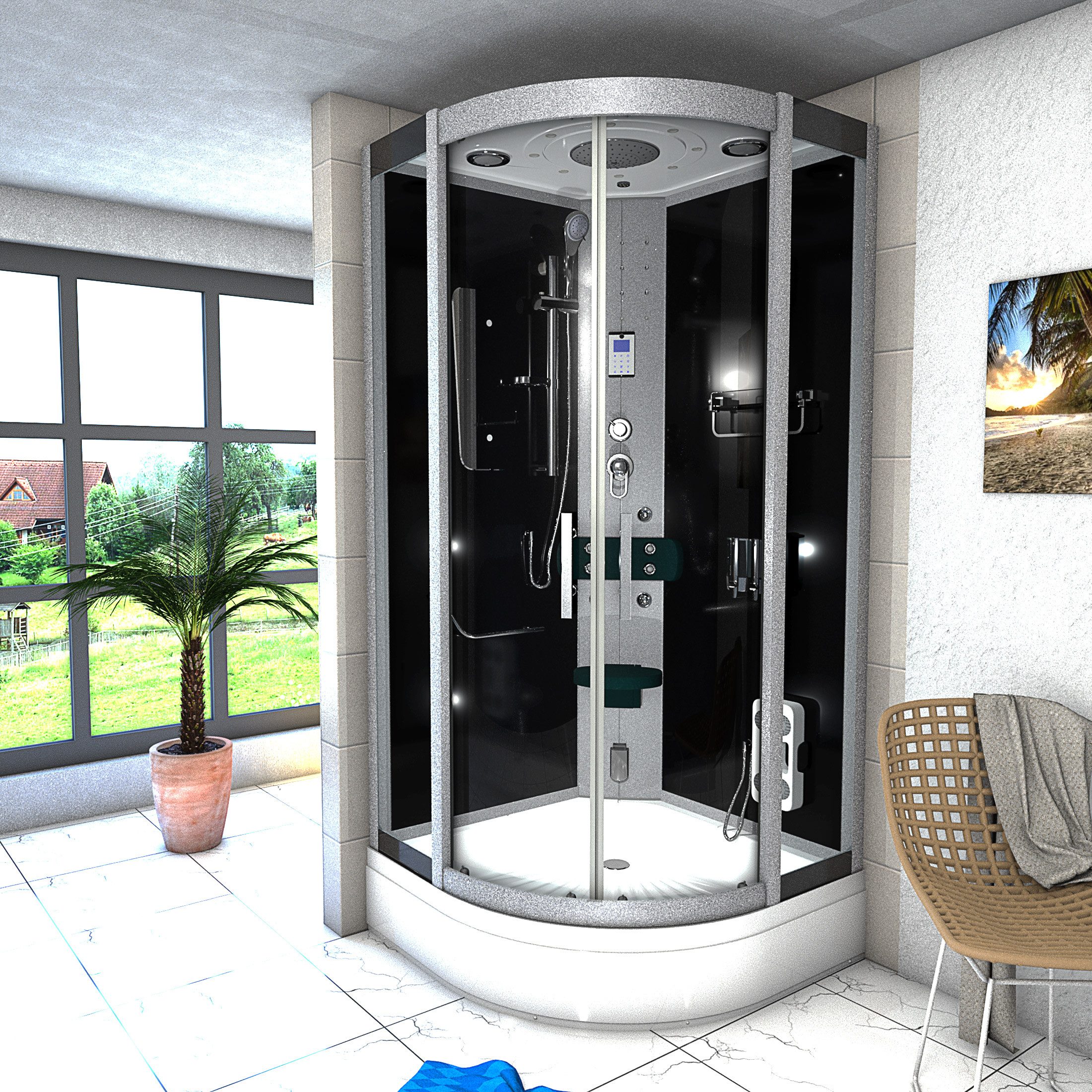AcquaVapore Komplettdusche Duschkabine Dusche D46-63T0 Schwarz 100x100, Sicherheitsglas ESG, inklusive Duschwanne, Höhenverstellbar, Mit Bauanleitung, Mit Beleuchtung, Mit Spiegel, Gehä