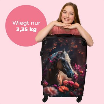 NoBoringSuitcases.com© Koffer Pferd - Blumen - Lila - Orange - Tiere 67x43x25cm, 4 Rollen, Mittelgroßer Koffer für Mädchen, Kinder Trolley