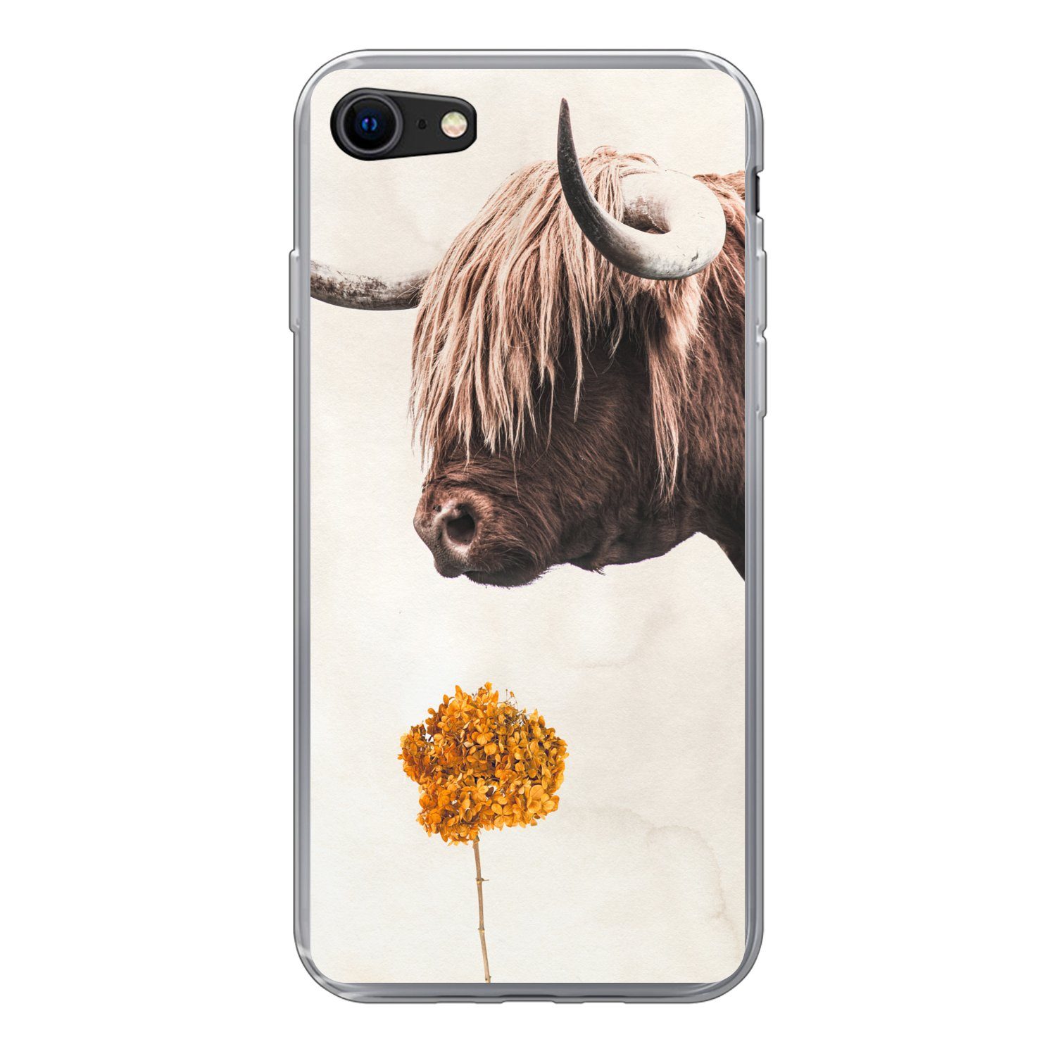 MuchoWow Handyhülle für Apple iPhone 8 Schottischer Highlander - Vintage - Blume, Smartphone-Bumper, Print, Handy Schutzhülle Dünn