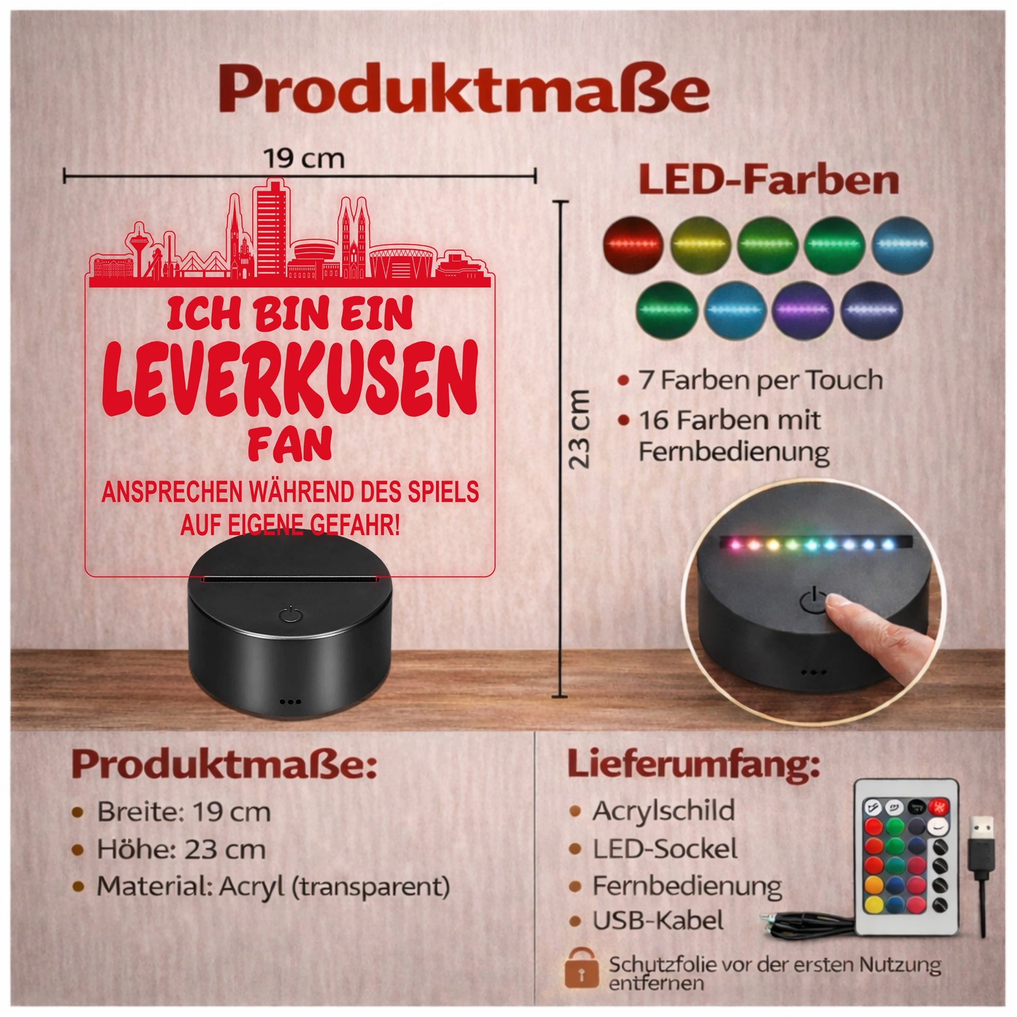 Lieblingsmensch LED Nachtlicht Fußball - Ich bin ein Leverkusen Fan - Ansprechen auf eigene Gefahr, LED fest integriert, Farbwechsel oder feste Farbe mit Fernbedienung & Touch, Man Cave Stimmungslicht – 19x23cm