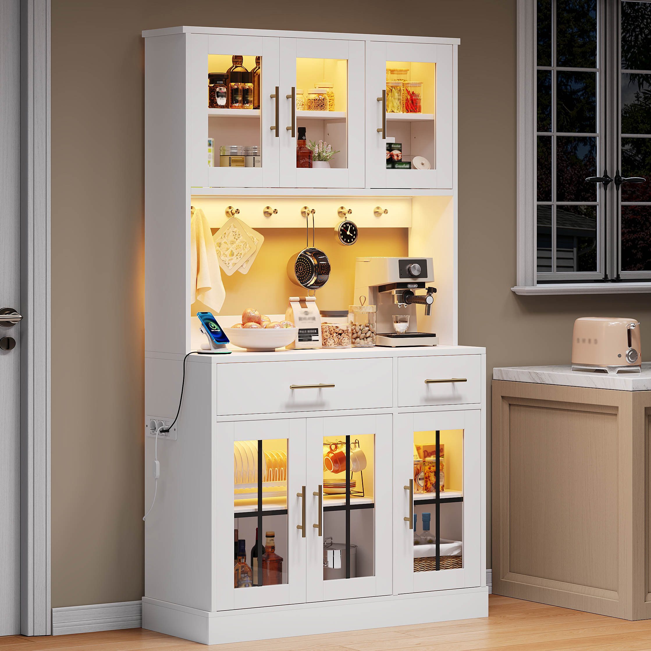 Flieks Küchenbuffet mit LED-Beleuchtung und Steckdose (100x40x180 cm, 1-St., mit Acryltüren, Schubladen und Haken) Hoschschrank Küchenschrank Buffetschrank mit verstellbare Ablagen
