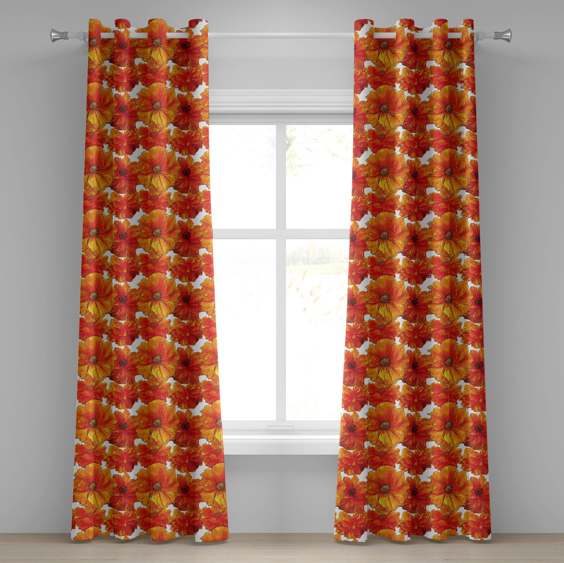 Gardine Dekorative 2-Panel-Fenstervorhänge für Schlafzimmer Wohnzimmer, Abakuhaus, Orange Antike Bohemian Poppies