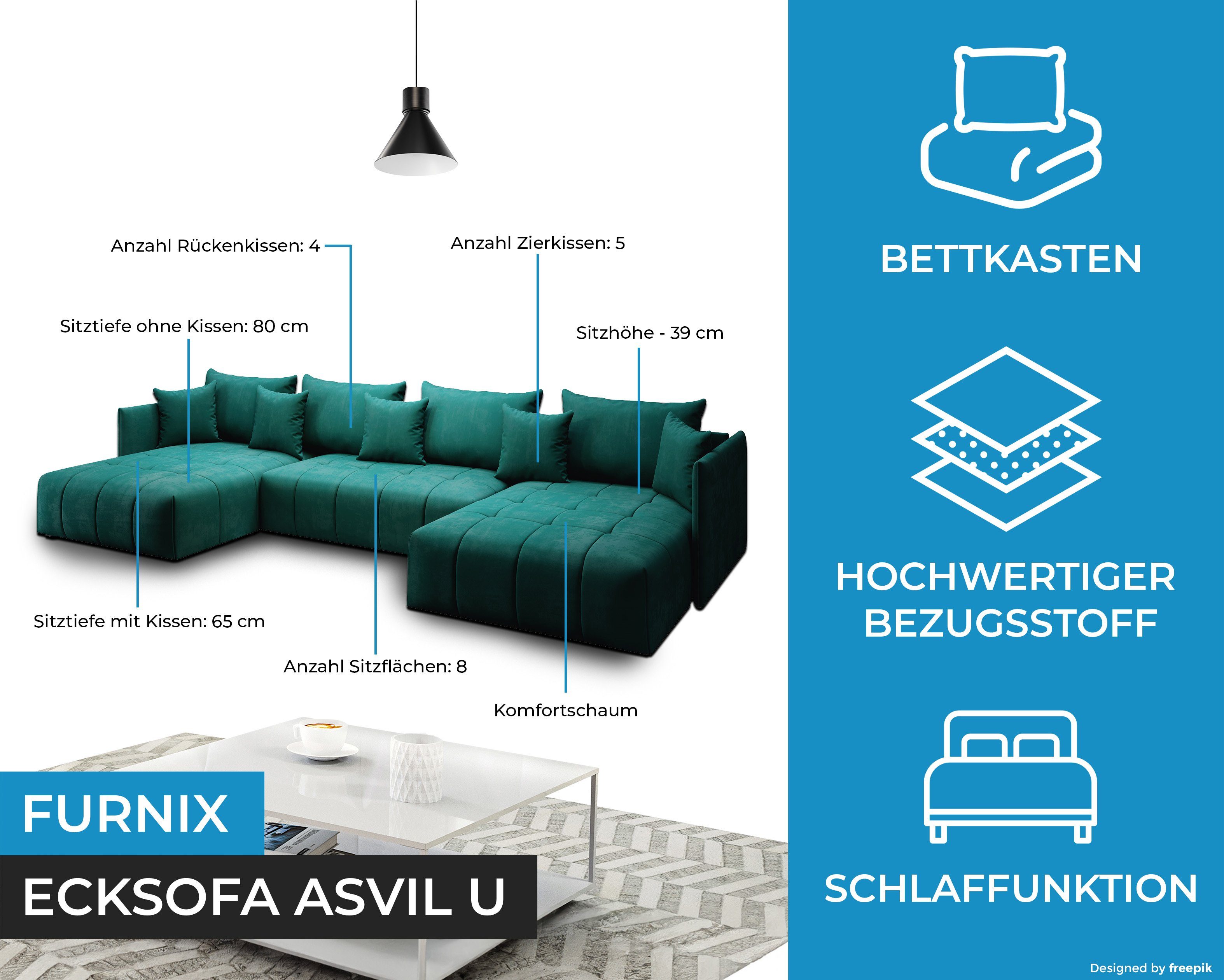 x H80 und Made in mit U-Form-Sofa Schlaffunktion Europe B353 Bettkasten, ASVIL Farbauswahl, Ecksofa x Grün MH37 Furnix cm, T180