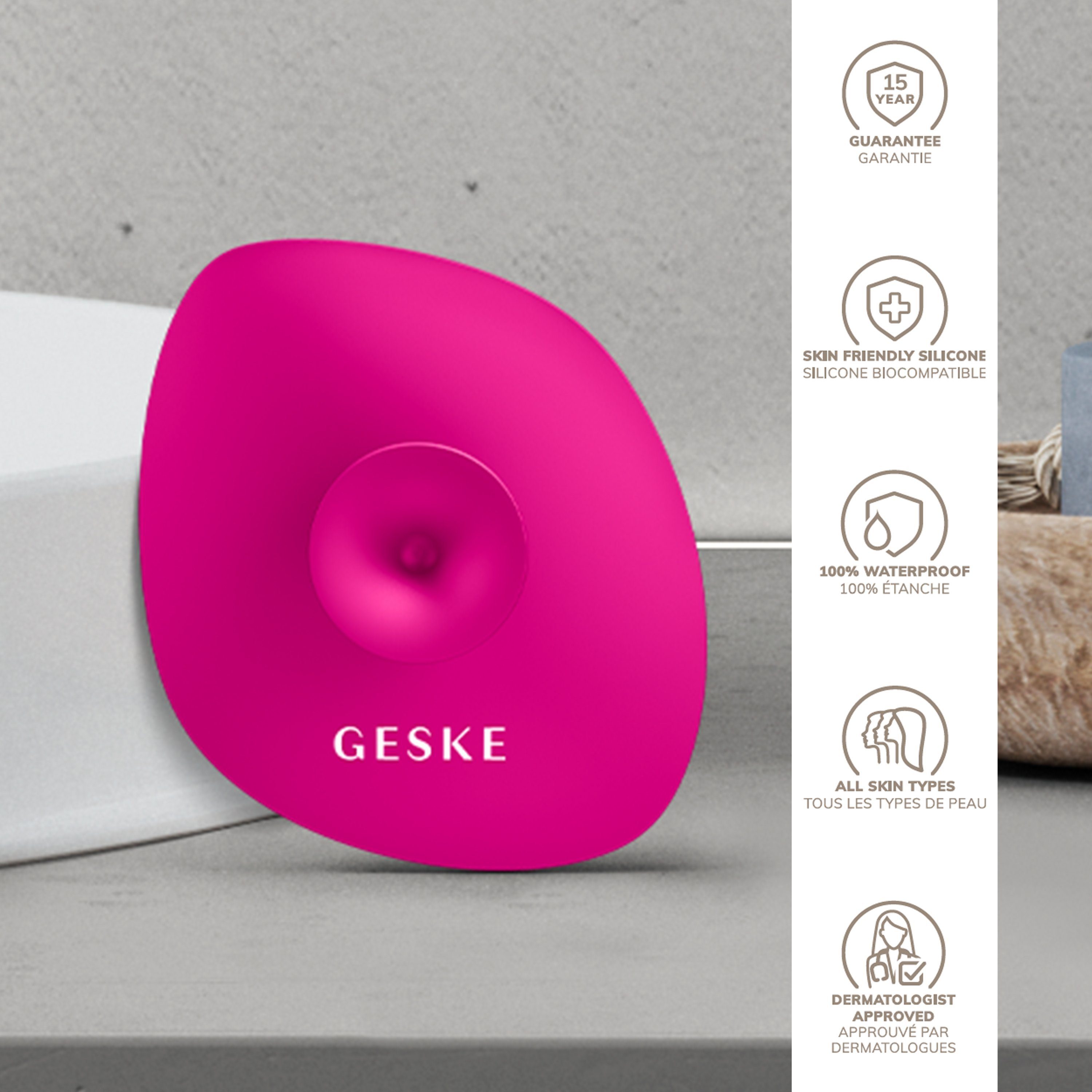 GESKE German Beauty Tech Elektrische Magenta kostenloser APP 4 inkl. personalisierte 1, Brush Device), SmartAppGuided™ erhältst Mit (SmartAppGuided Facial App 1-tlg., Gesichtsreinigungsbürste der deine Du GESKE Packung, in Hautpflegeroutine