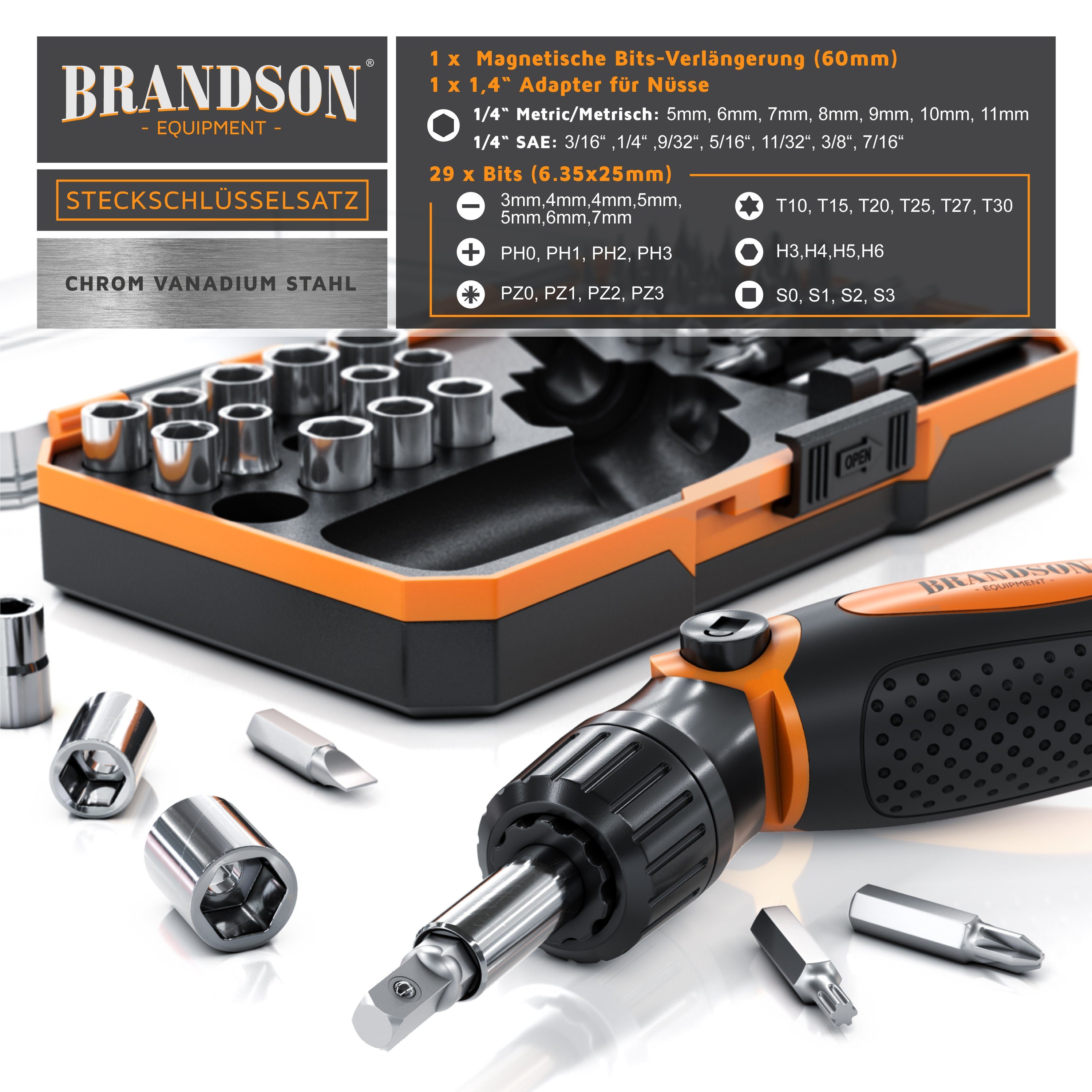 Brandson Bit- und Steckschlüsselset Schraubendreher + Nüsse, 29 Bits, 14 Steckschlüssel, Torx, Set, 1-St., 46 teilig, Innensechskant, Schlitz, Kreuzschlitz, Rat – Bild 3 von 5