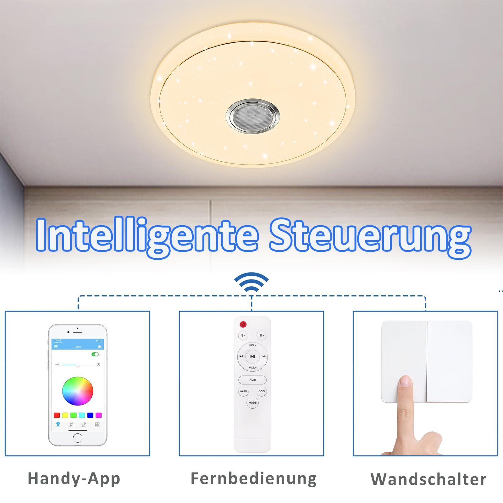 FIVMEN LED Deckenleuchte Deckenlampe 36W/48W Dimmbar Ceiling Light mit Bluetooth Lautsprecher, LED fest integriert