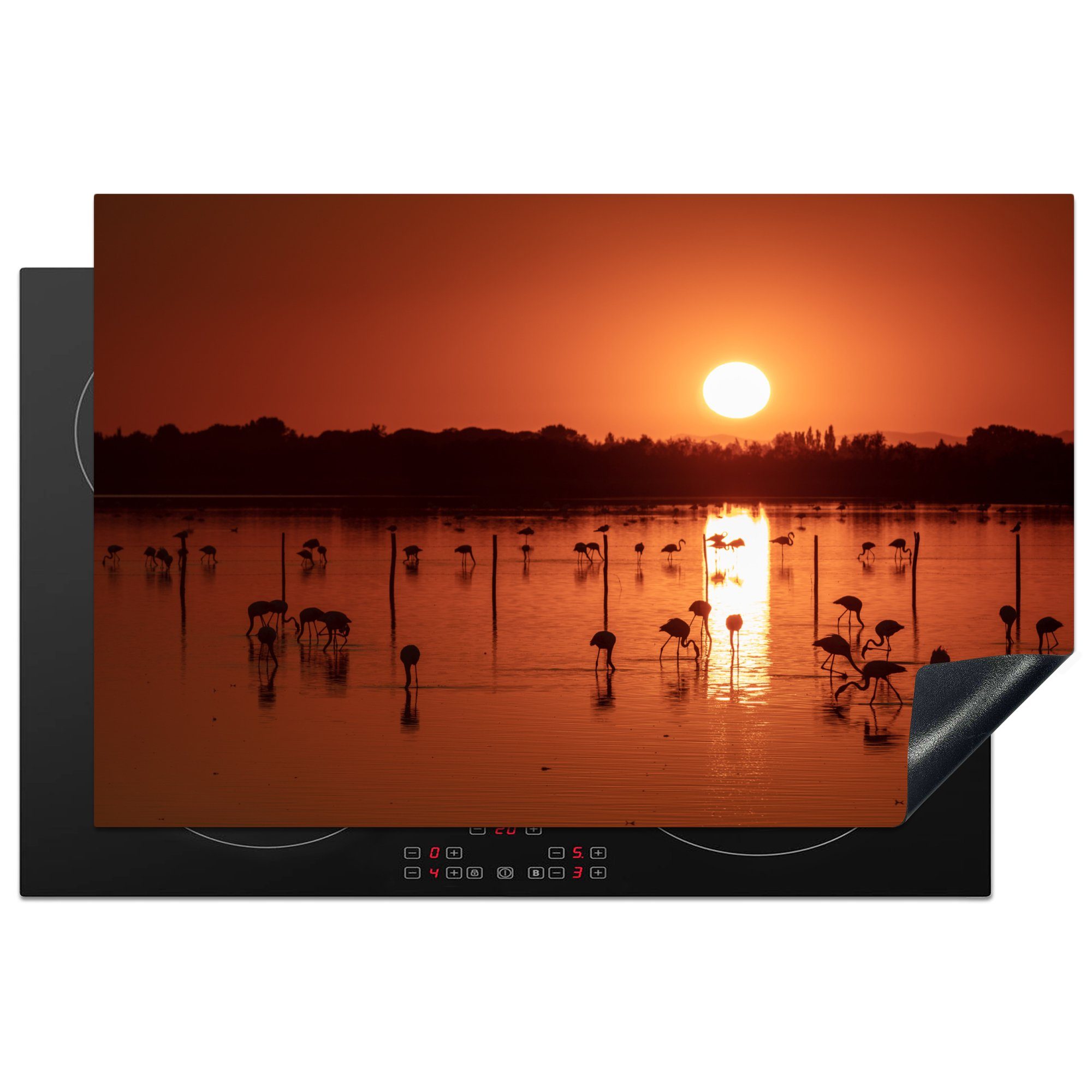 MuchoWow Herdblende-/Abdeckplatte Sonnenuntergang mit Flamingos in der Camargue, Vinyl, (1 tlg), 81x52 cm, Induktionskochfeld Schutz für die küche, Ceranfeldabdeckung