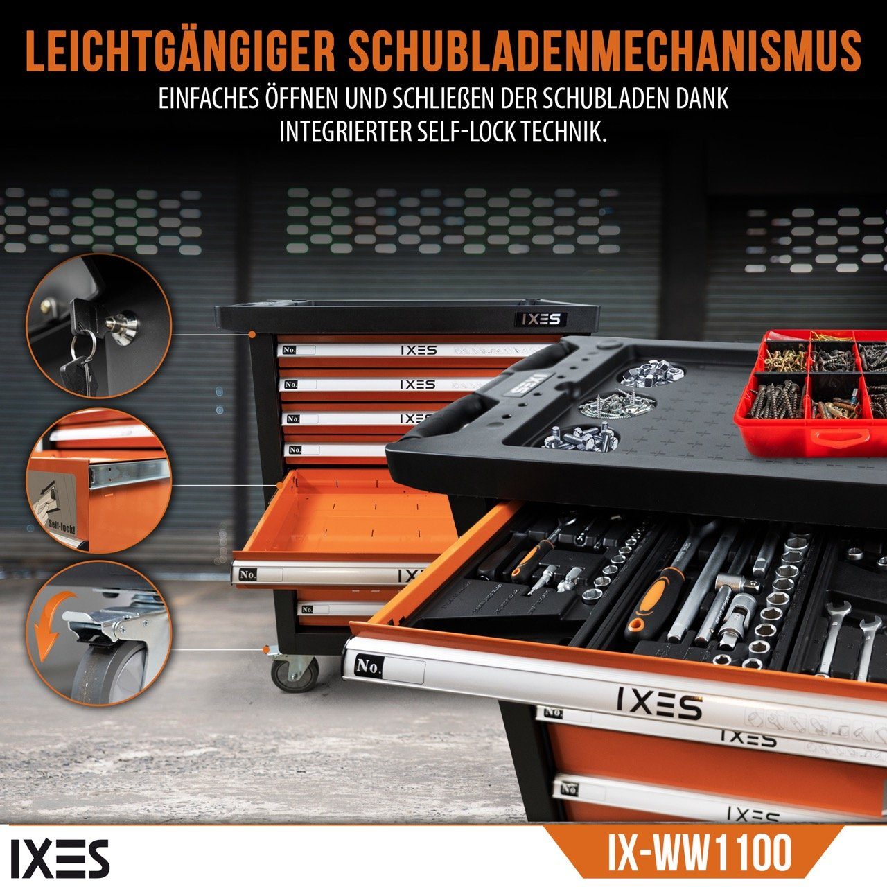 Traglast:450 Werkzeugset, kg, Profi Werkzeugwagen (70-tlg) Werkzeug, IXES 7-Schubladen + Werkstattwagen Werkstattwagen max. XXL 70-tlg. Scheppach