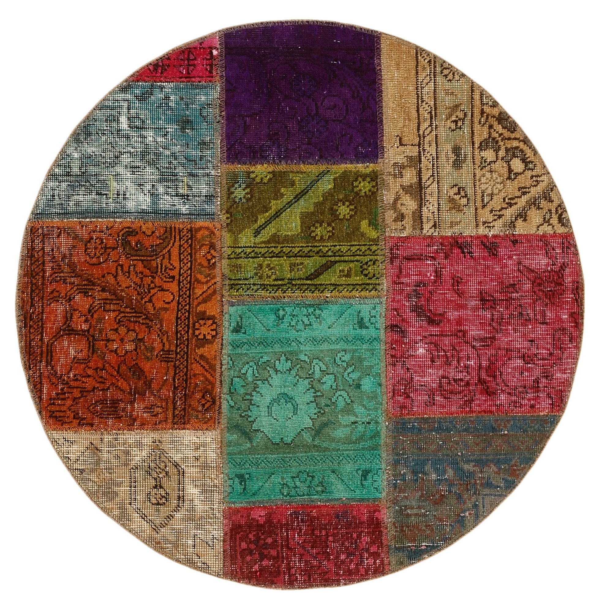 Wohnando Teppich MY-RUG Vintage Patch Work Floral & Ornamentiert 100x100cm, Rund, Höhe: 10 mm, Handgeknüpfter Teppich,Handgesponnene Wolle, mit Naturfarben gegärbt