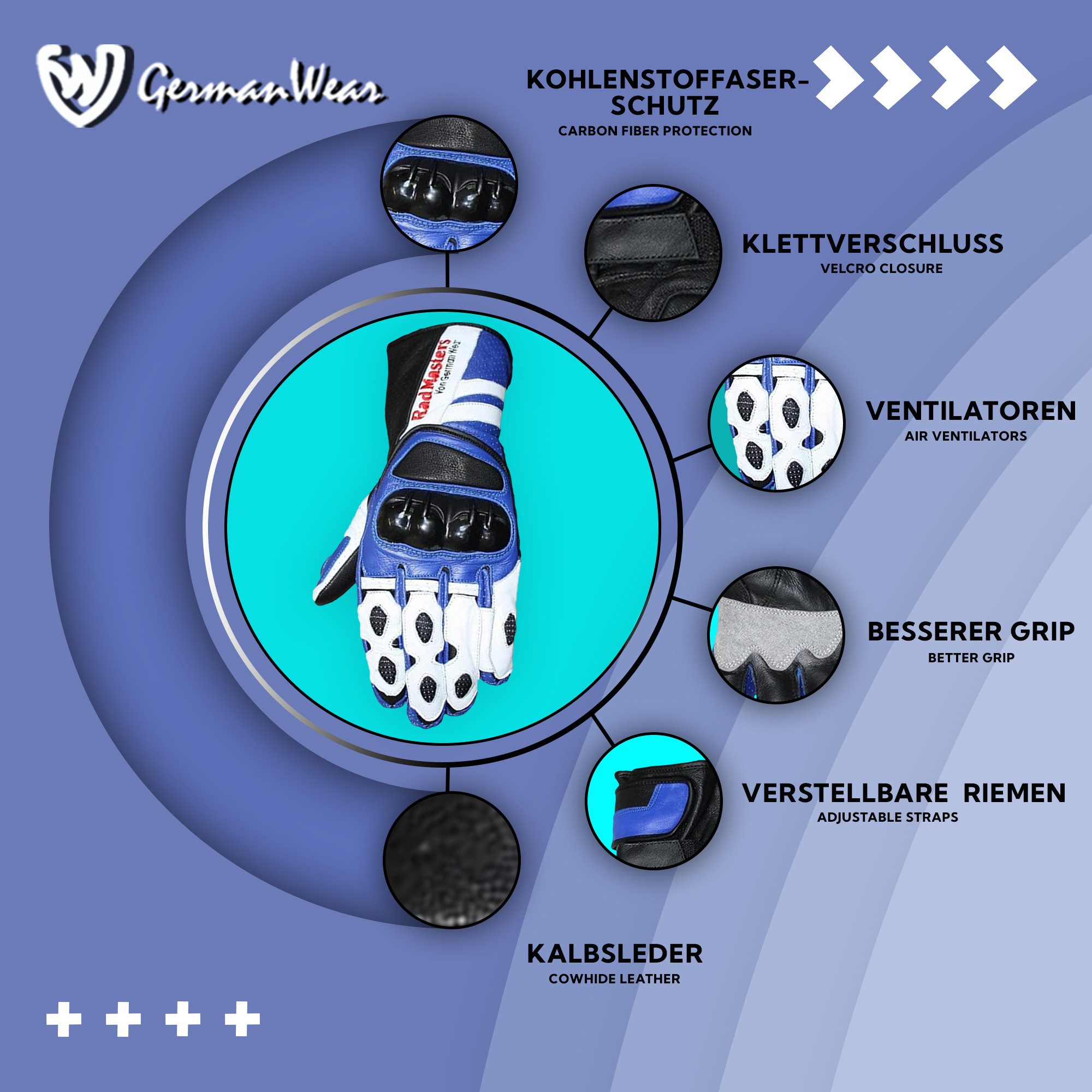 German Wear Motorradhandschuhe GW409G Lederhandschuhe Handschuhe aus Kalbsleder mit Protektoren – Bild 4 von 5