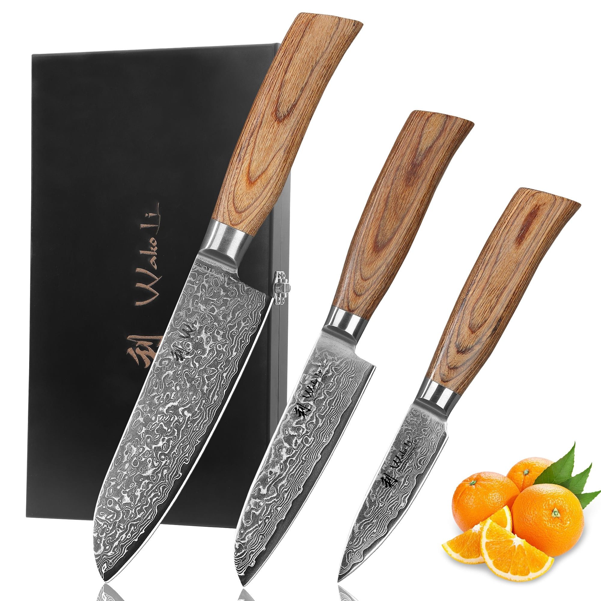 Wakoli Messer-Set Edib Pro 3er Damastmesser-Set I Holzbox I 8-16cm Klinge I Pakkaholz