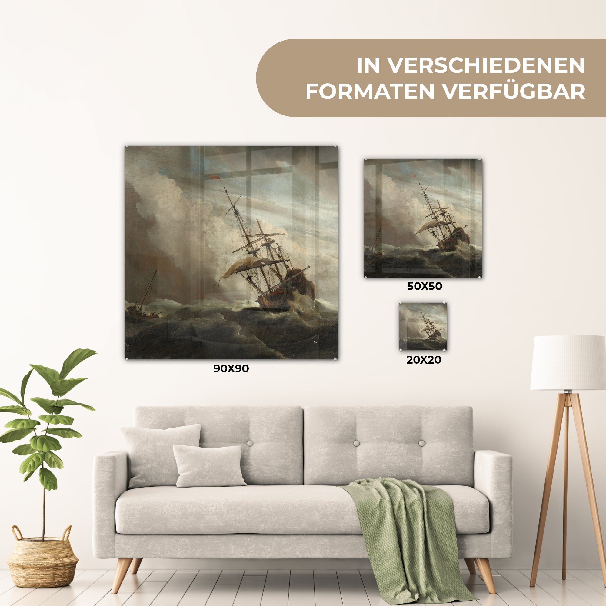 Wanddekoration (1 St), - Gemälde Glas Wandbild Glas offener Ein auf eines See von MuchoWow - auf Schiff Bilder Acrylglasbild Willem, Sturms - während auf - Foto Glasbilder